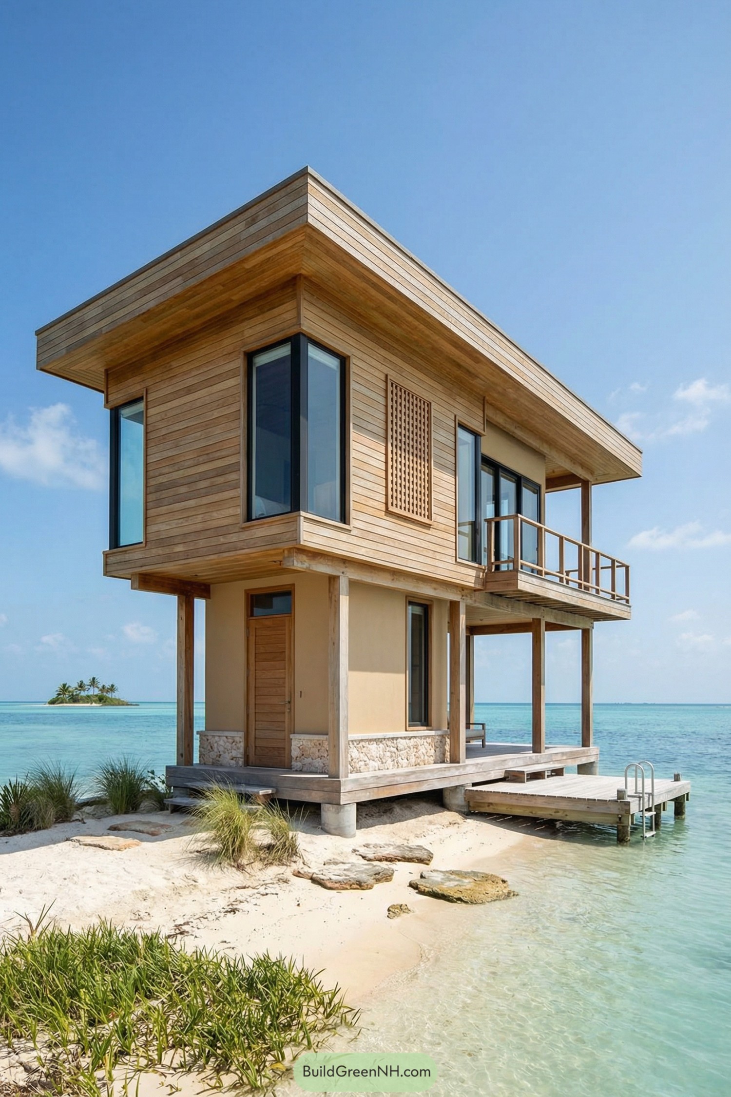 Modern two-story wooden beach house on stilts above clear turquoise water