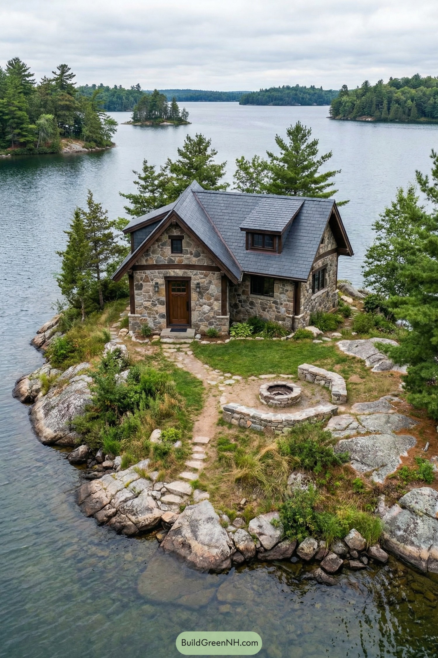Stone island cabin with lakeside fire pit