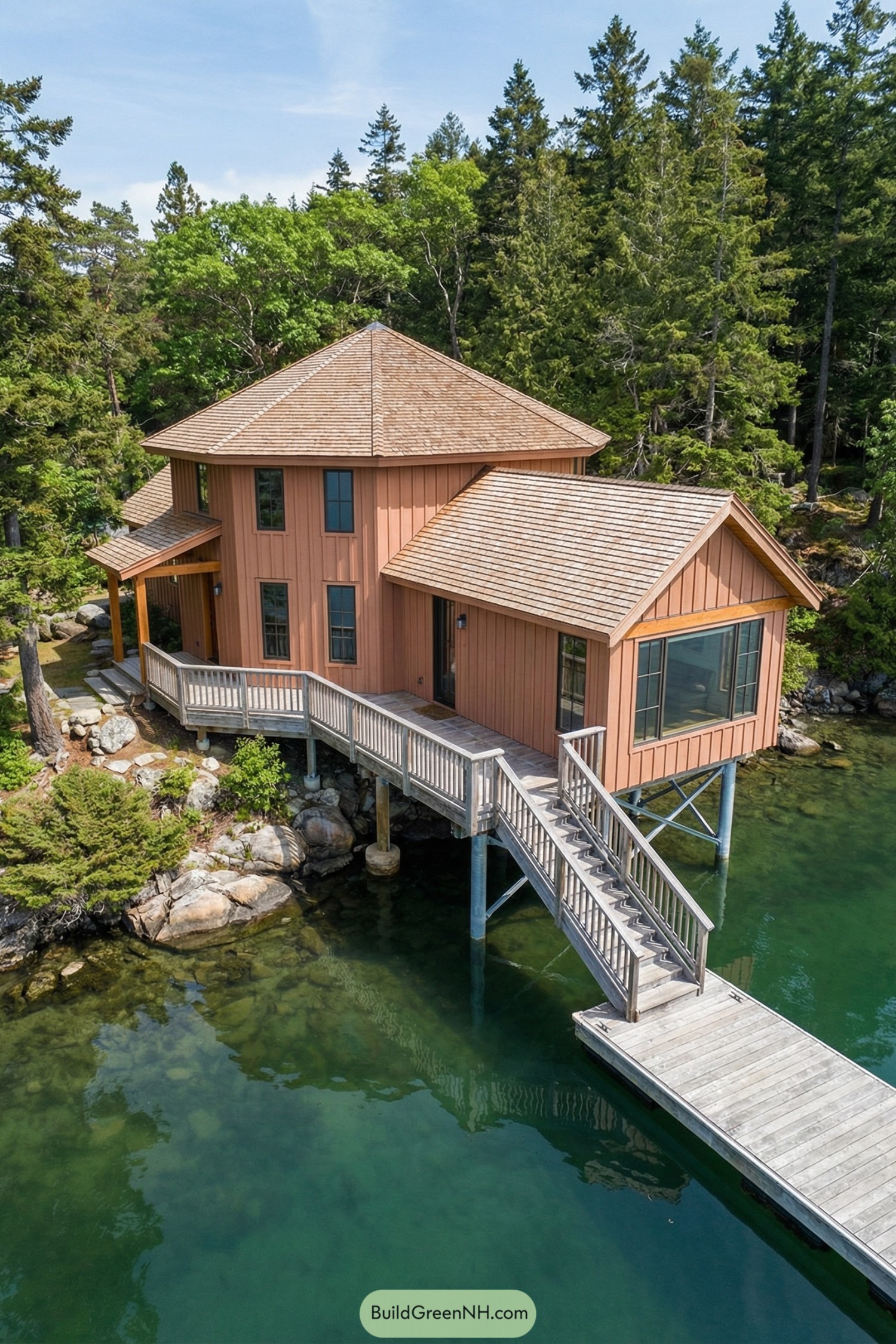 Stilted lakeside cottage with long wooden walkway