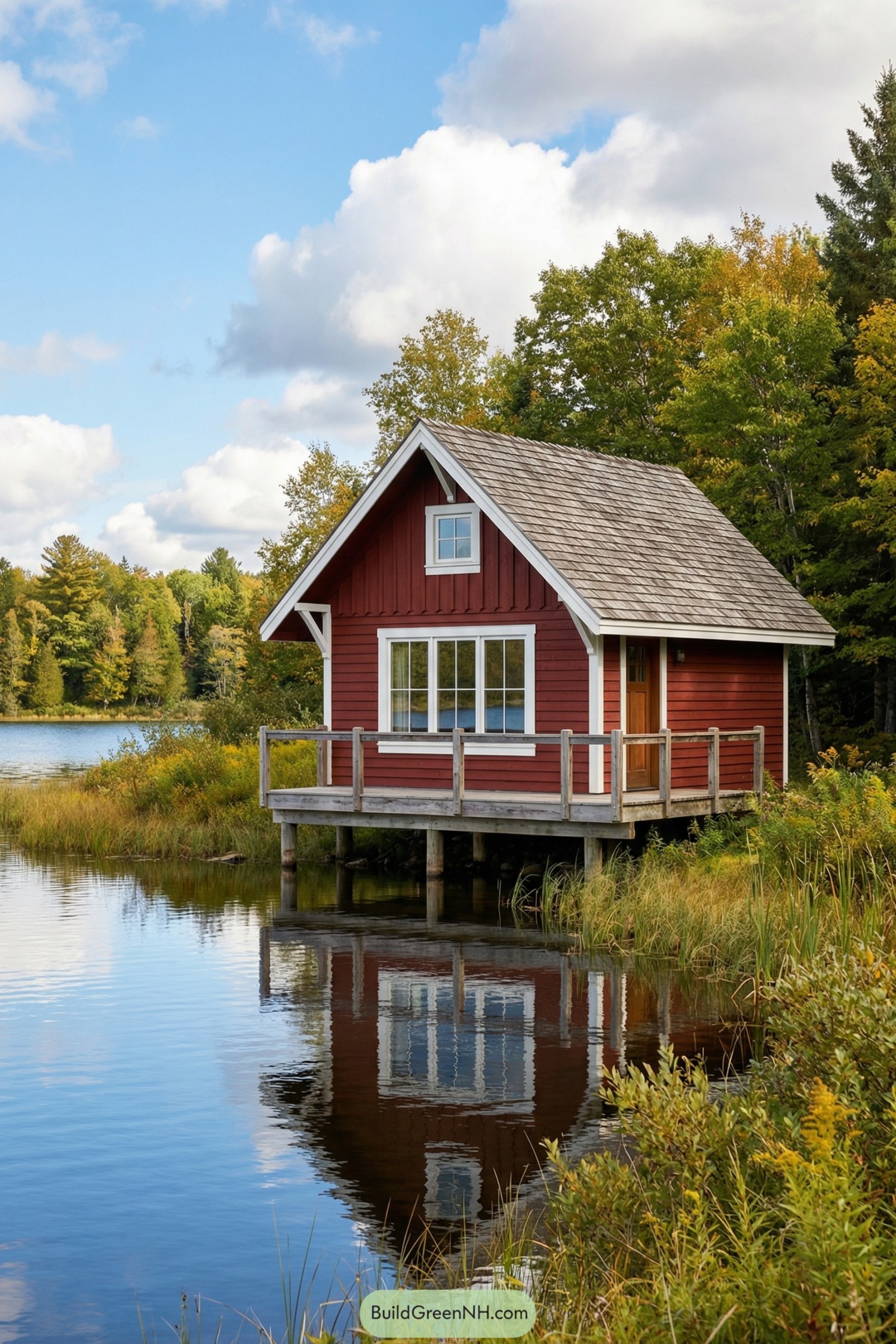 Small red lakeside cabin on stilts with deck and gabled roof reflected in calm water