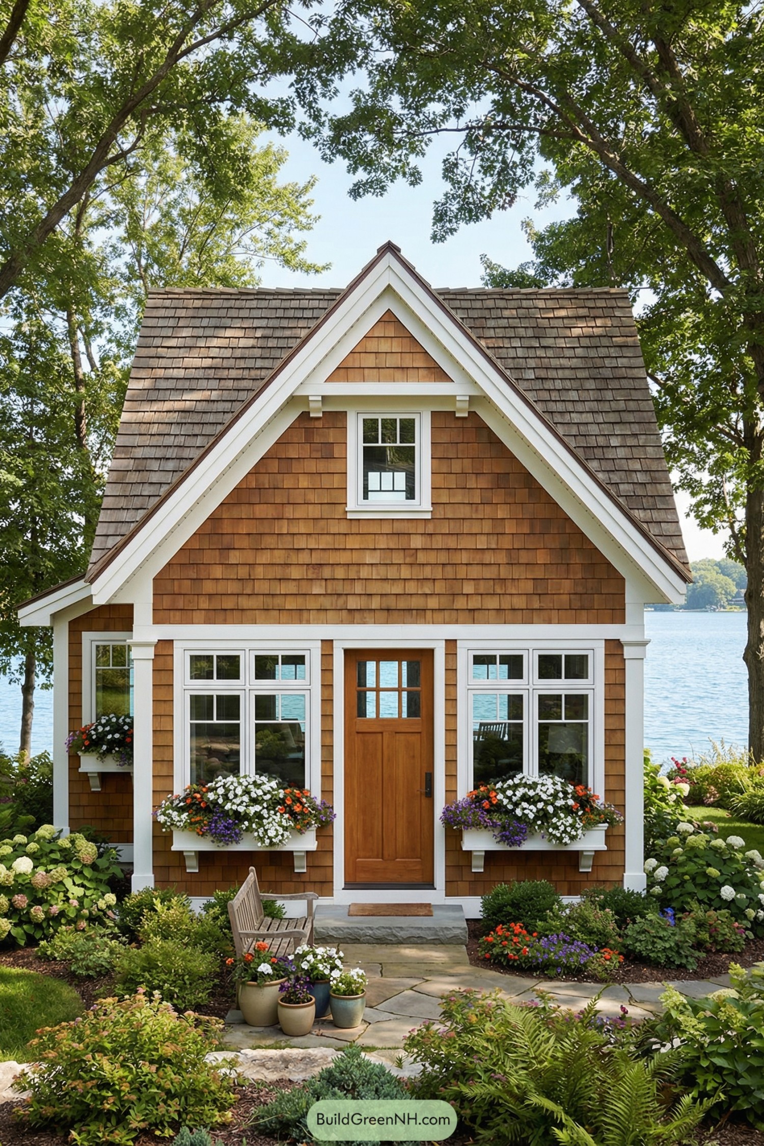 Compact cedar-shingle cottage with white trim, flower boxes, and a steep gable roof facing a lakeshore