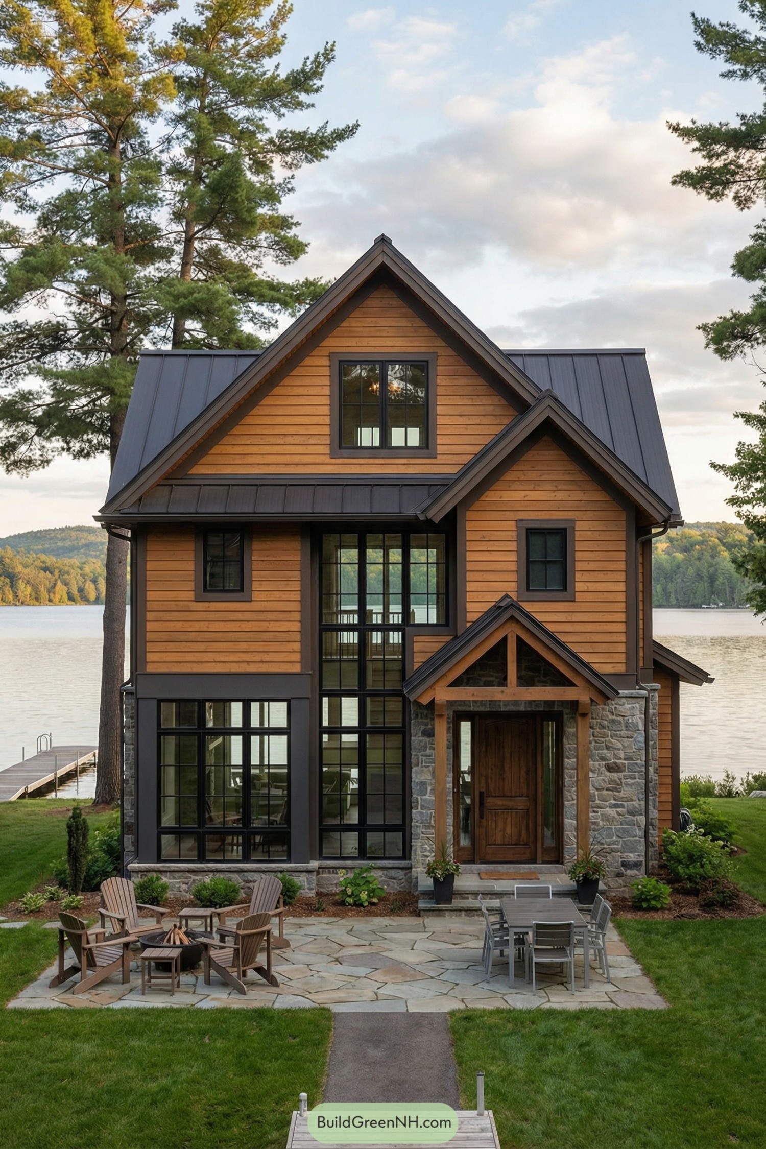 Tall wood and stone lake house with large black-framed windows facing a lakefront patio