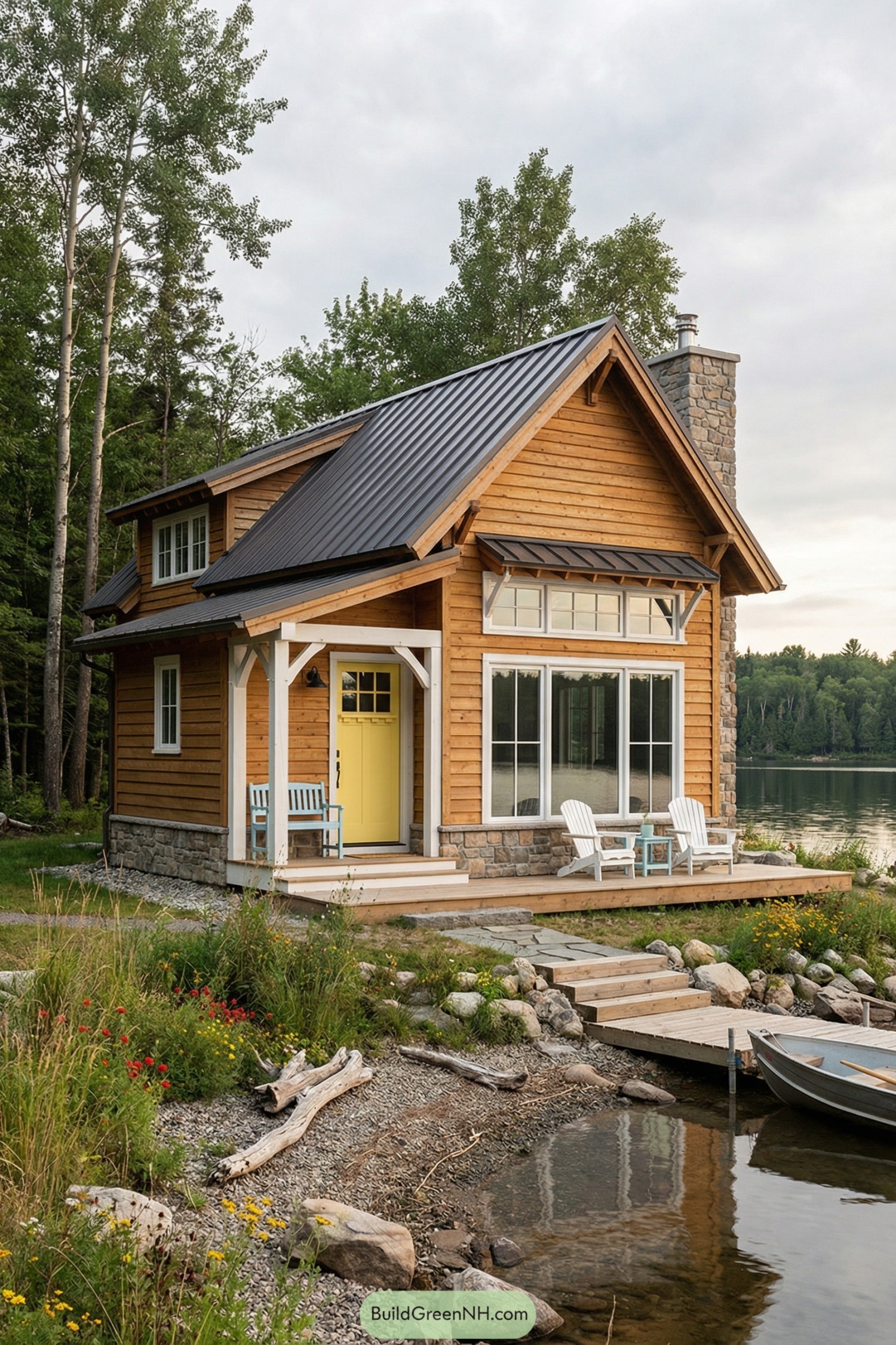 Small cedar lakeside cabin with yellow door, stone base, metal roof, and Adirondack chairs on a wooden deck beside calm water