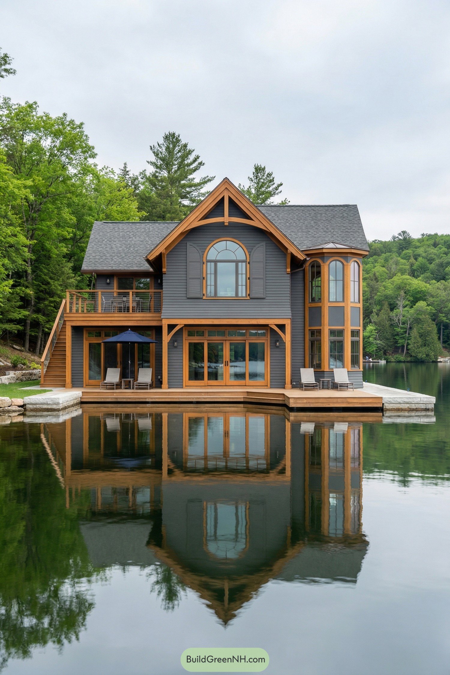 high-res photo of Lakeside Cottage, contemporary lakeside cottage with boathouse character, two-story facade floating directly on calm water, symmetrical front with central projecting gable dormer and curved side bay, exterior clad in horizontal dark gray siding with warm natural-wood trim and framing; compact rectangular massing with rounded corner terrace, upper floor slightly stepped back over lower level, clean lines and soft curves; materials include stained timber structure, gray clapboard siding, large glass panels, metal railings, and light stone or composite dock edging; moderately pitched shingle roof in gray-brown, main gable roof over upper floor with secondary arched roof at right, neat overhangs with exposed wood fascia; generous windows in wood frames, tall arched windows on ground floor with divided lights, large central arched window in upper gable with shutters, smaller rectangular windows on sides and upper balcony; single main glass door with wood frame opening to lakeside deck, matching glass doors along ground floor, balcony door above; expansive wraparound wooden deck at water level with lounge chairs and a dark blue patio umbrella, upper-level wooden balcony with clear glass or cable balustrades, side wooden stairway connecting land to dock; lush landscaping with dense evergreen and deciduous trees on shoreline, rich green grass and shrubs at left, reflections of cottage and trees on still lake surface; surrounding environment of serene forested hills, soft overcast sky with layered clouds, tranquil lakeside setting with vivid greenery and mirror-like water, overall composition balanced and picturesque. real-life photo, high-resolution, architectural photography, soft lighting, cinematic composition.