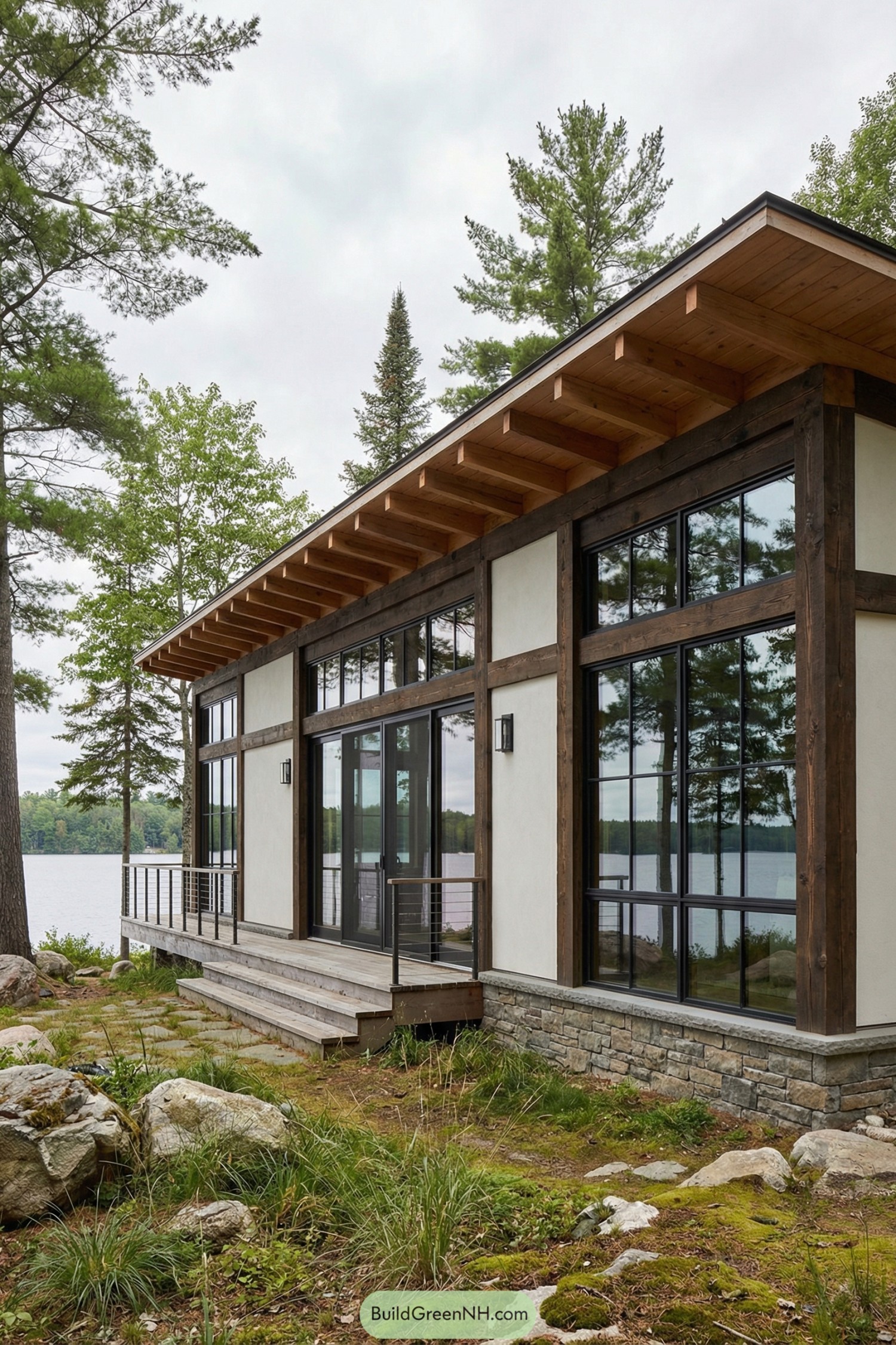 Modern lakeside cottage with tall windows and timber framing overlooking the water