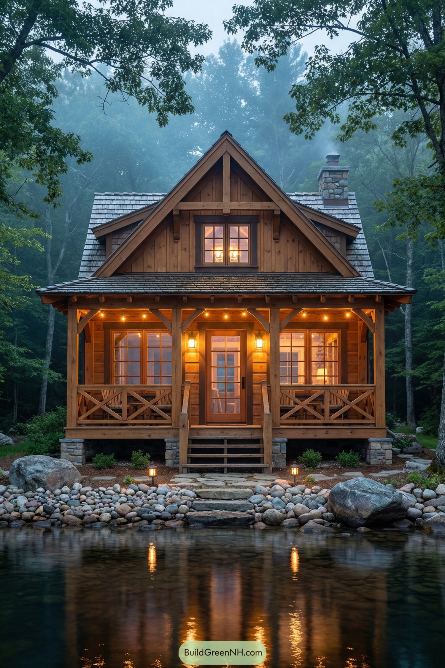 Cozy wooden lakeside cabin with warm glowing porch lights reflected in the water