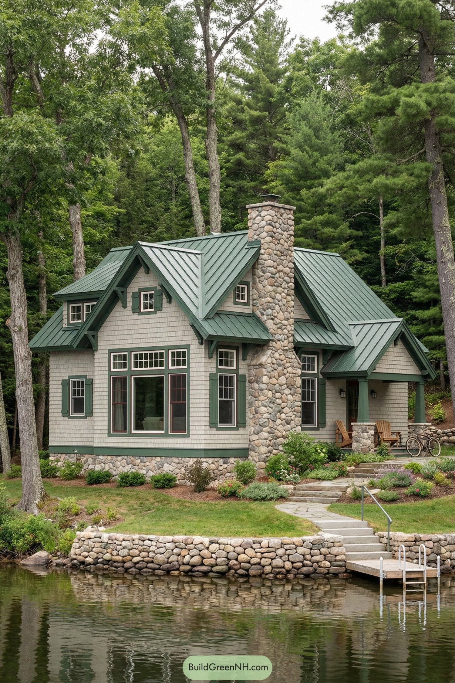 Small shingled cottage with green metal roof and tall stone chimney beside a quiet forested lake