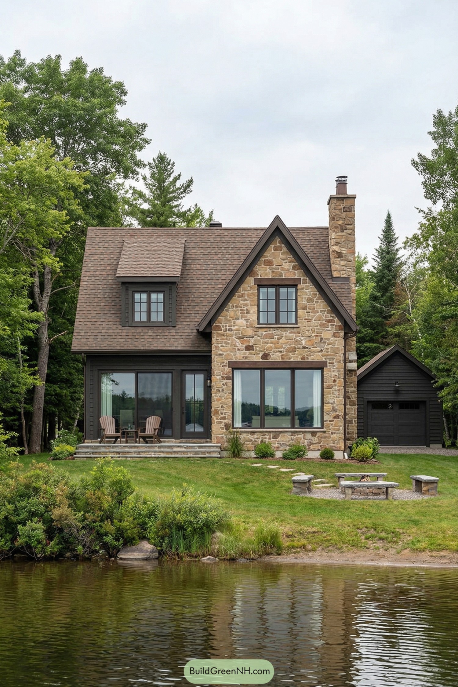 Stone-front lakeside cottage with tall gabled roof