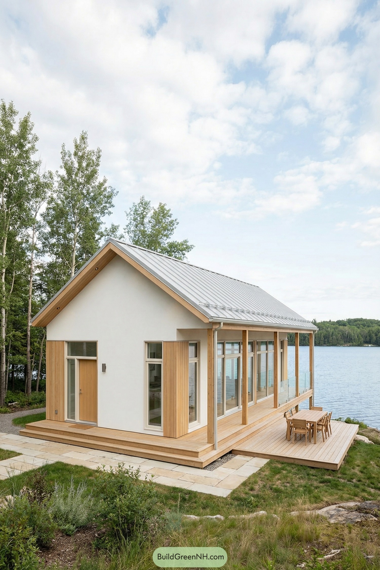 Modern light wood cottage beside lake