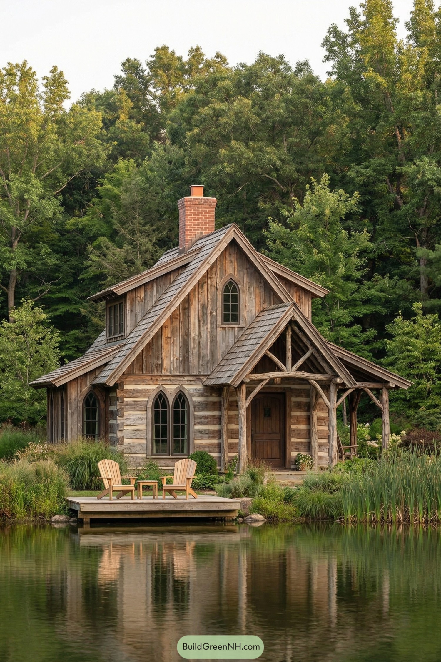 Rustic timber lakeside cabin with arched windows and small dock