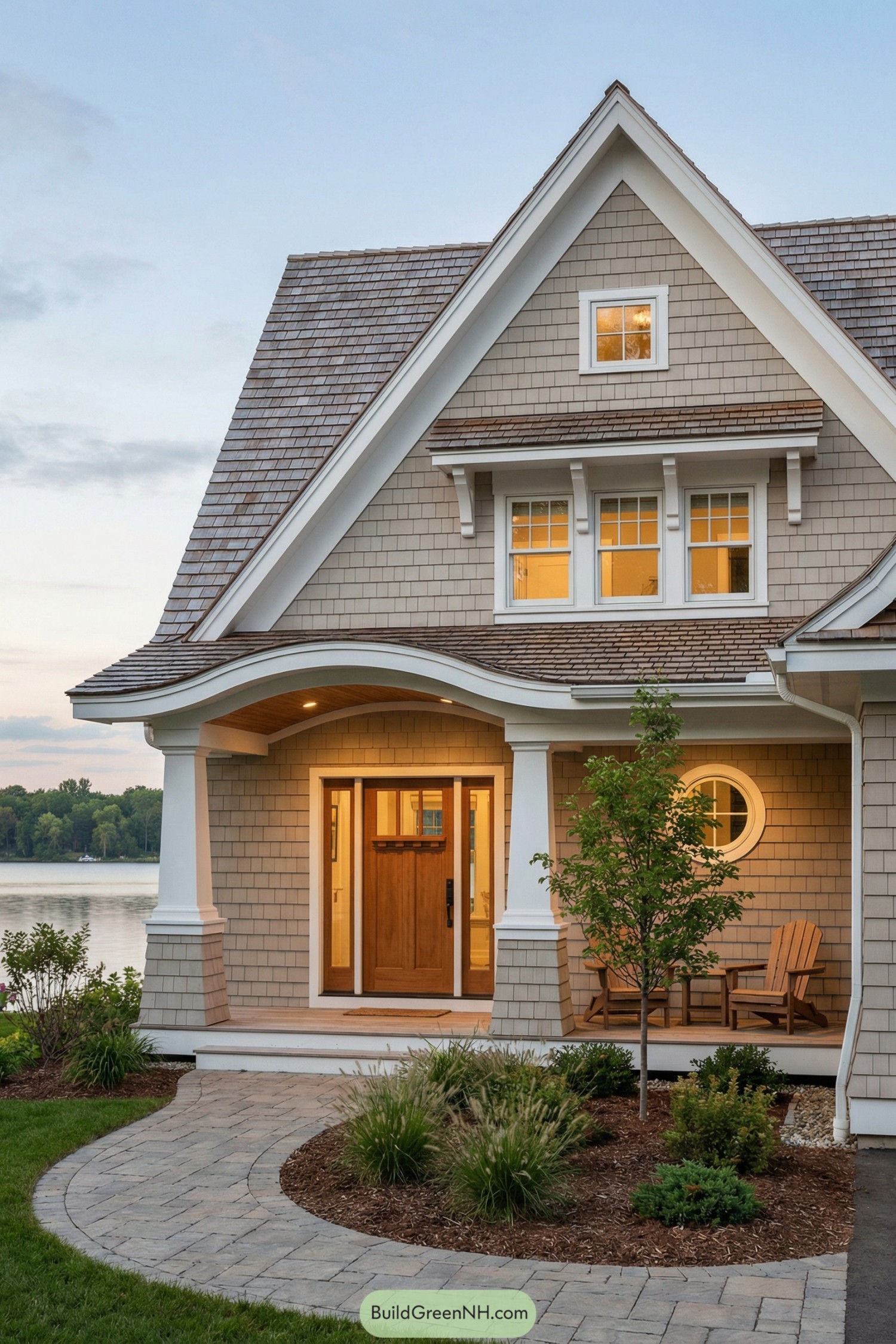Shingled lakeside cottage with curved front porch and warm glowing windows at dusk