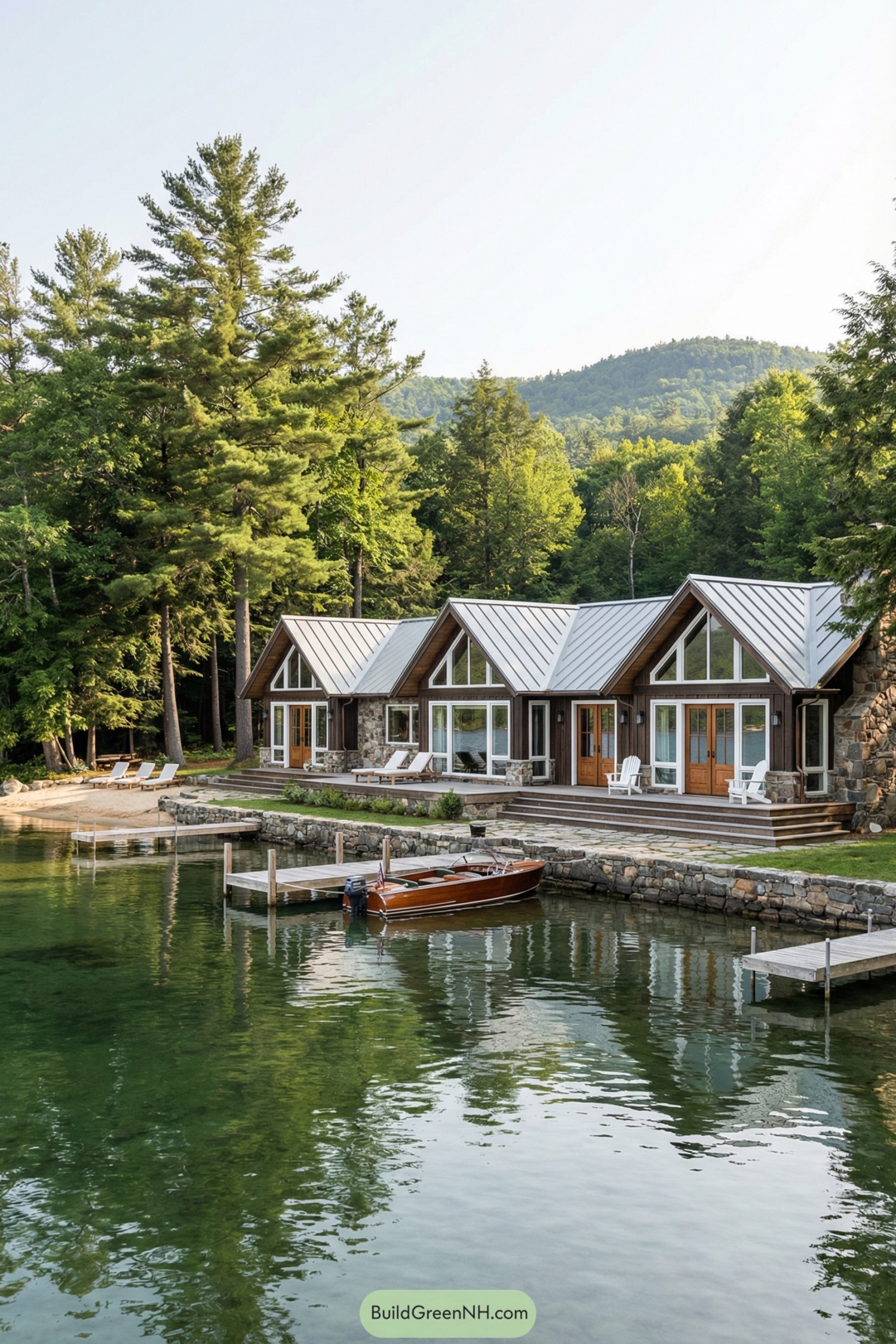 Modern lakeside cottage with peaked metal roofs, stone accents, and boat docks on a calm green lake