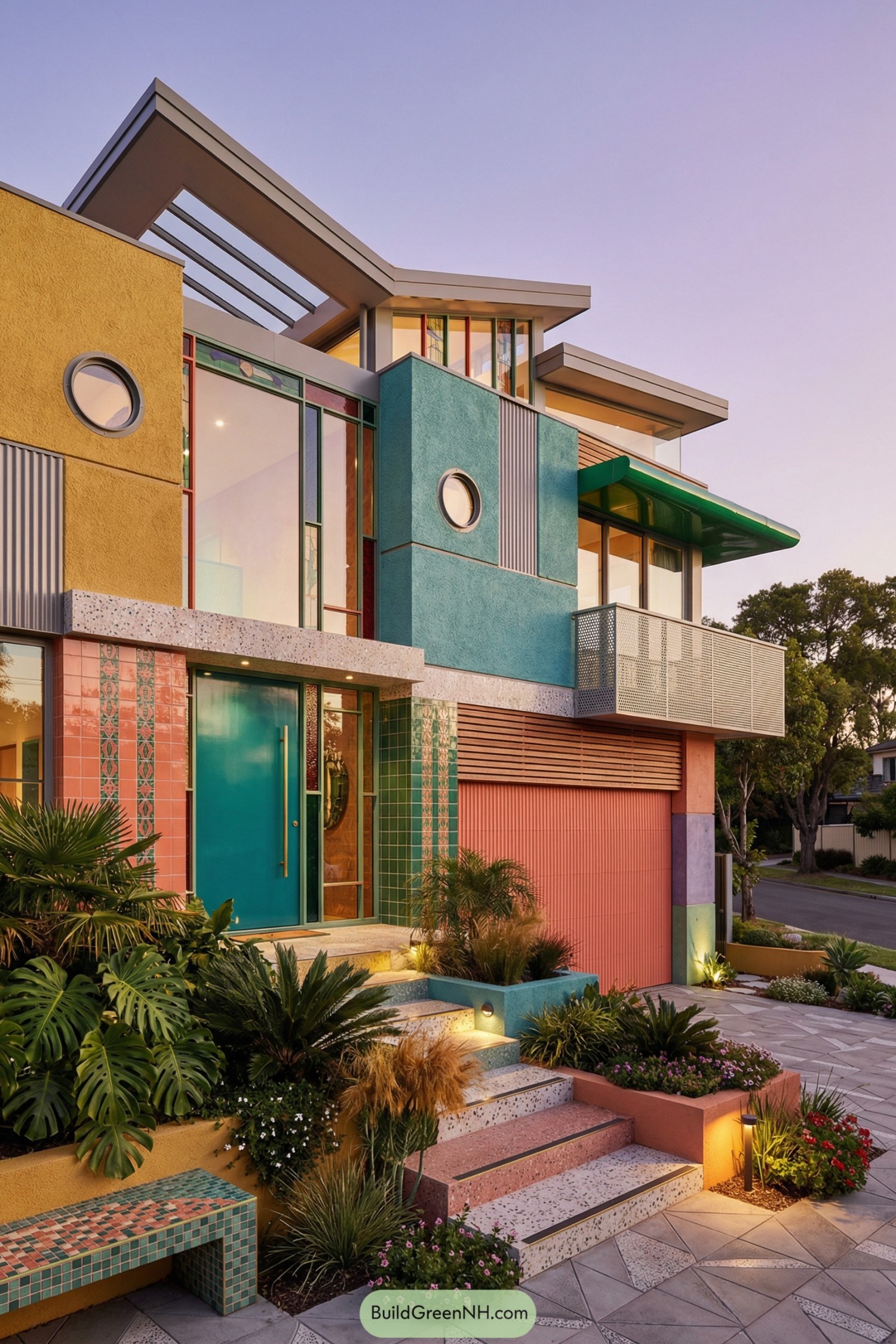 Colorful multi-story house with bold geometric forms and terrazzo steps at dusk