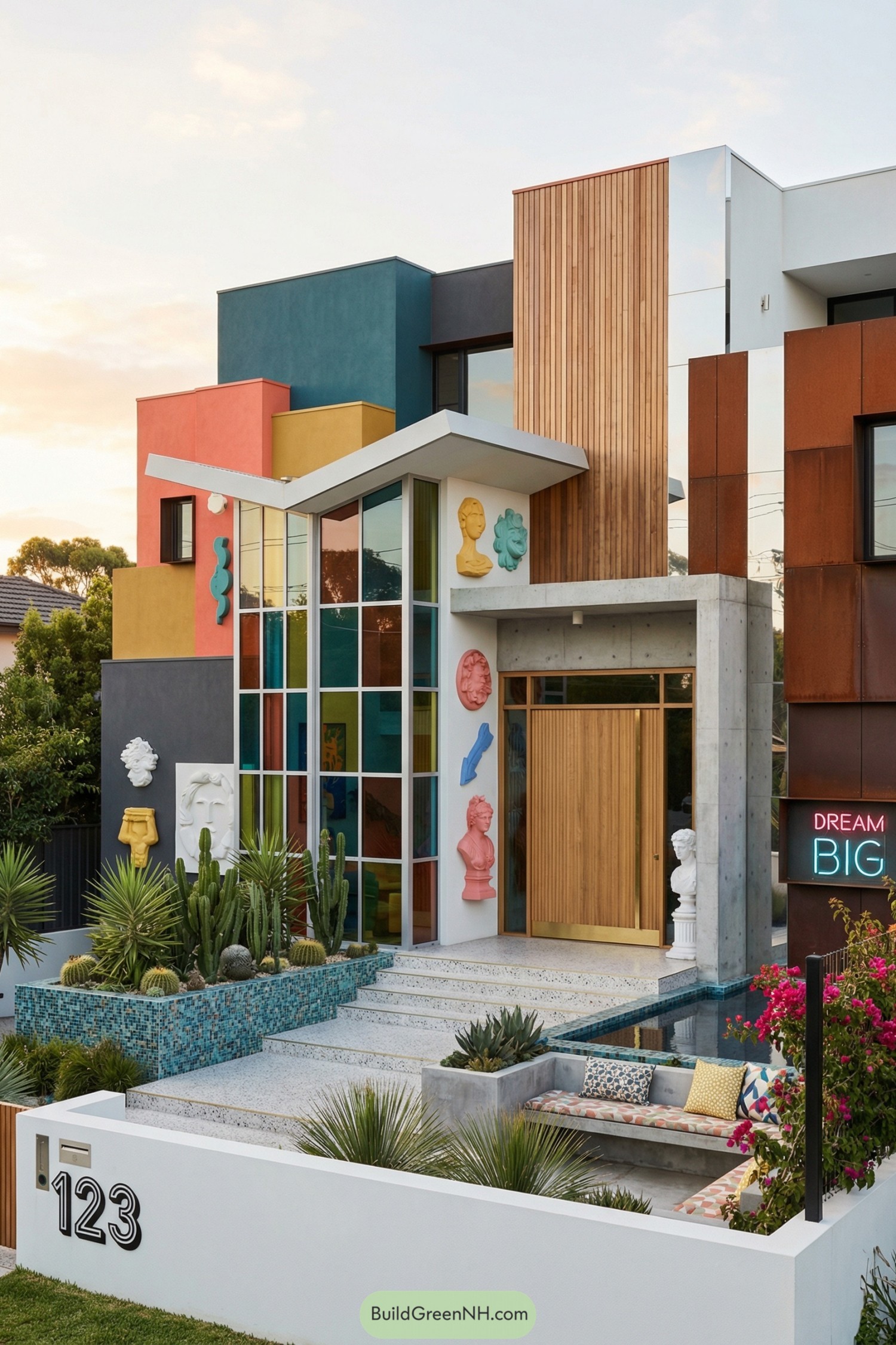 Colorful sculptural modern house with cacti
