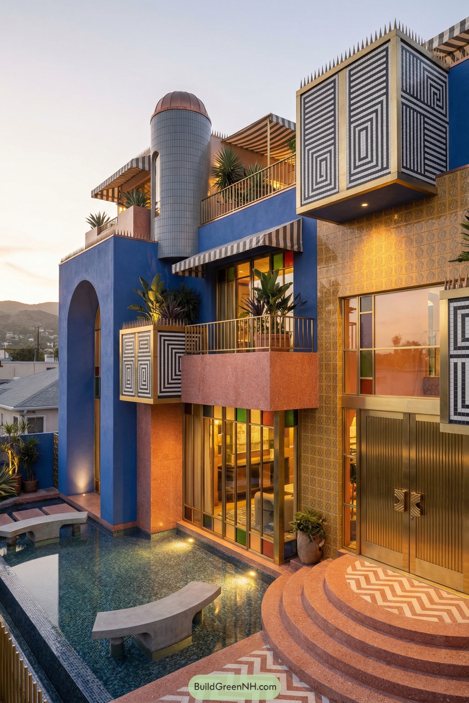 Colorful geometric villa with pool at dusk