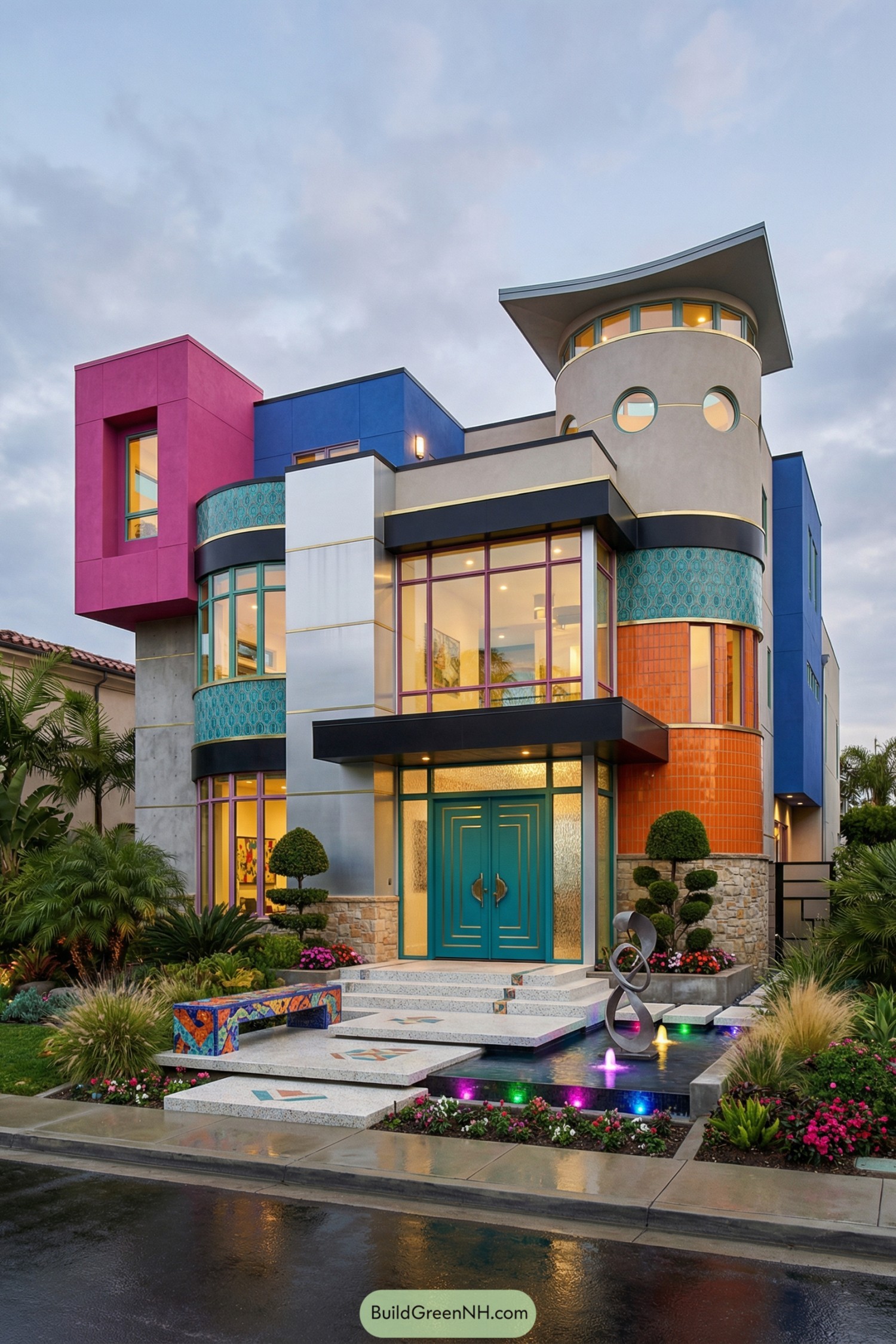 Colorful modern house with geometric forms and playful lighting at the entry