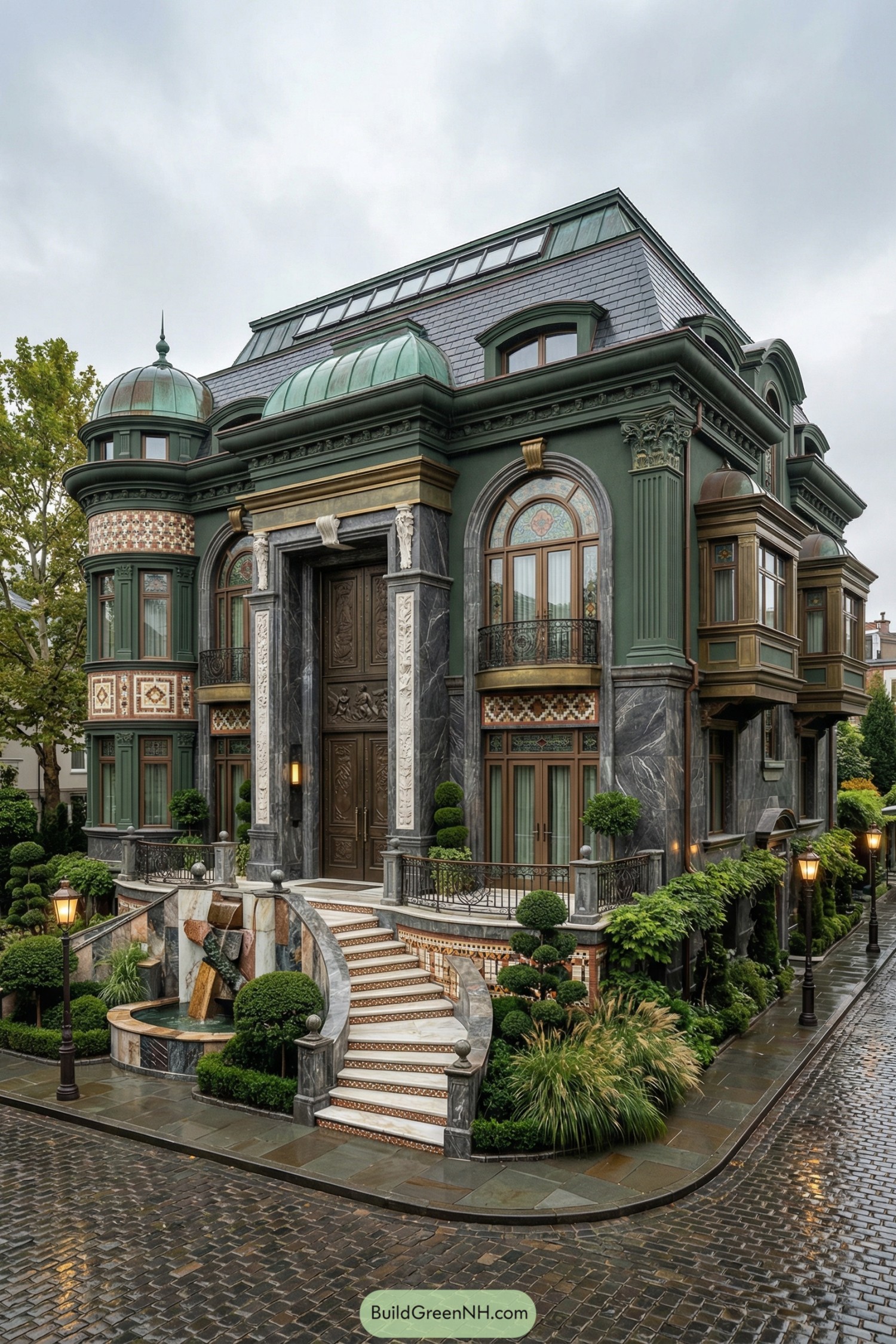 Ornate green mansion with domes and marble staircases