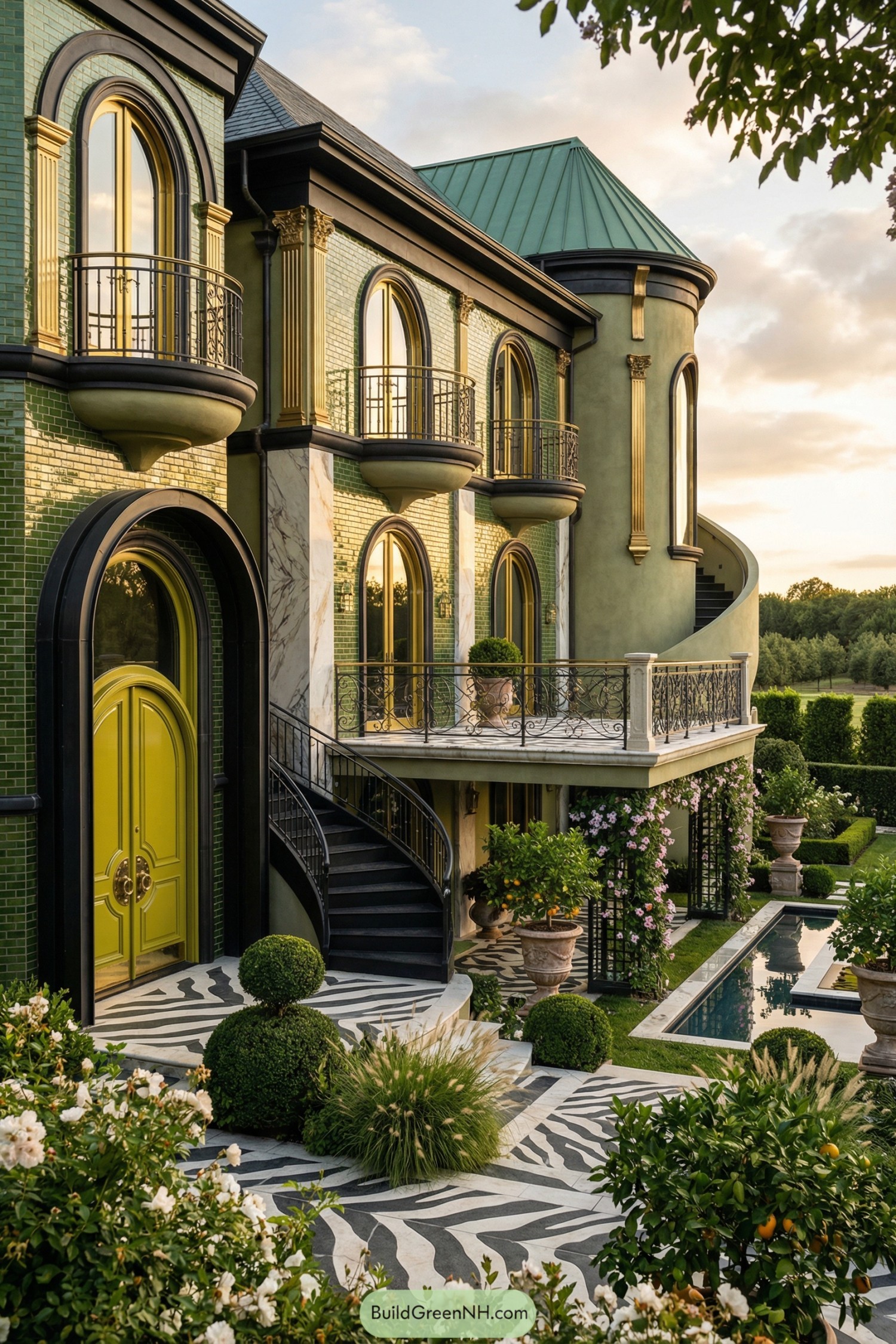 Grand green villa with gold arches, curving balconies, and lush patterned garden terrace