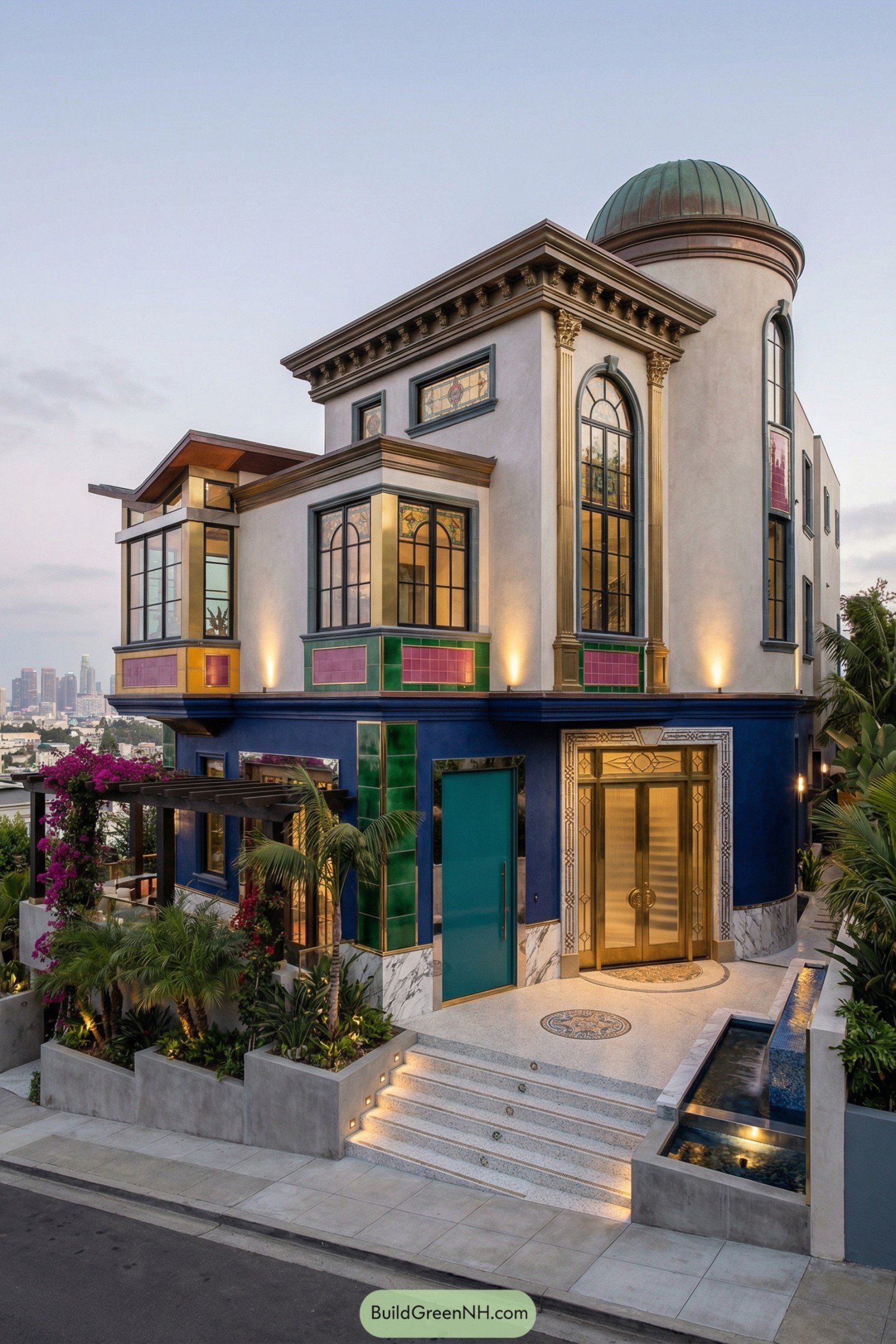 Colorful multi-story house with dome and ornate entrance