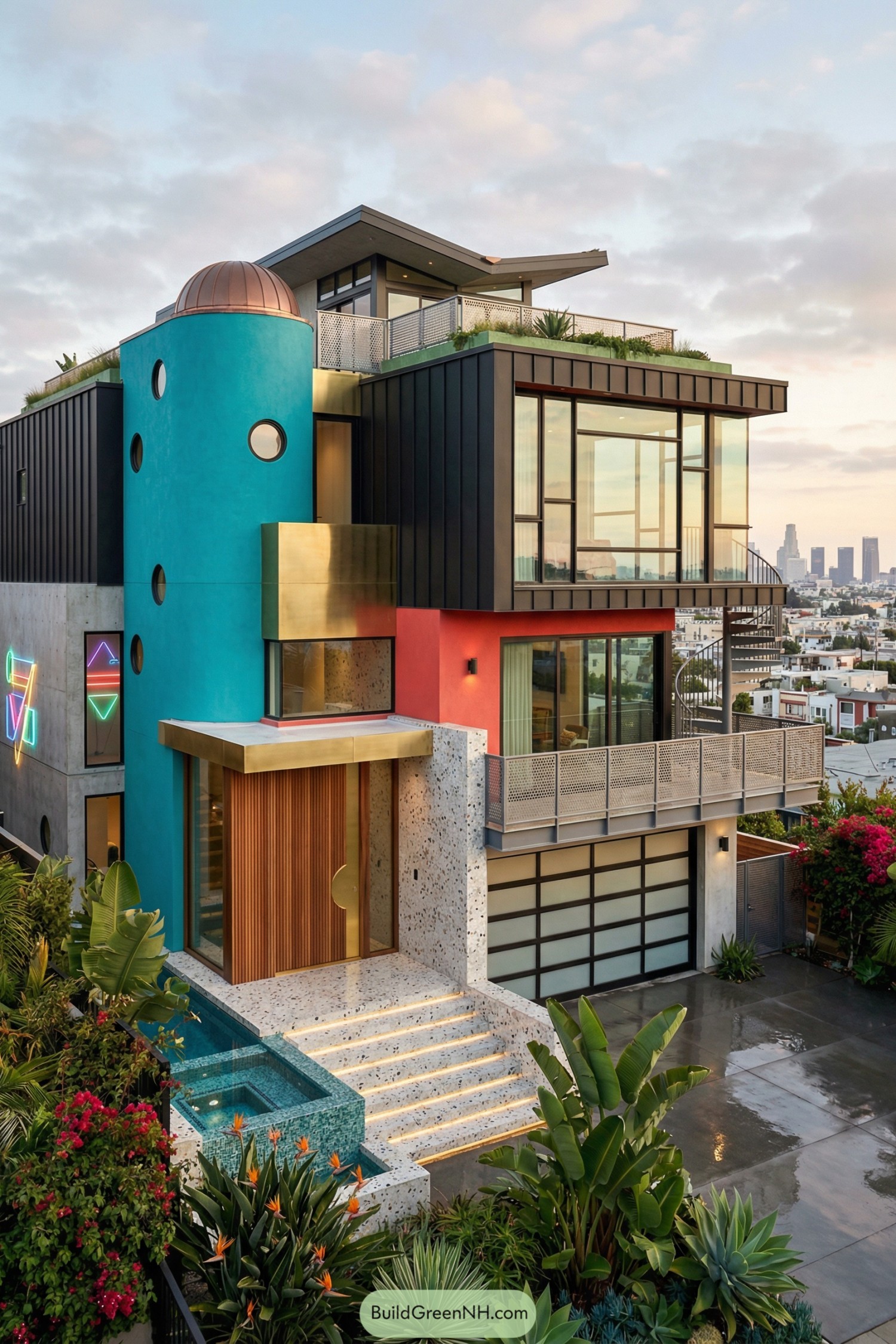 Colorful multi-level modern home with bold shapes and pool