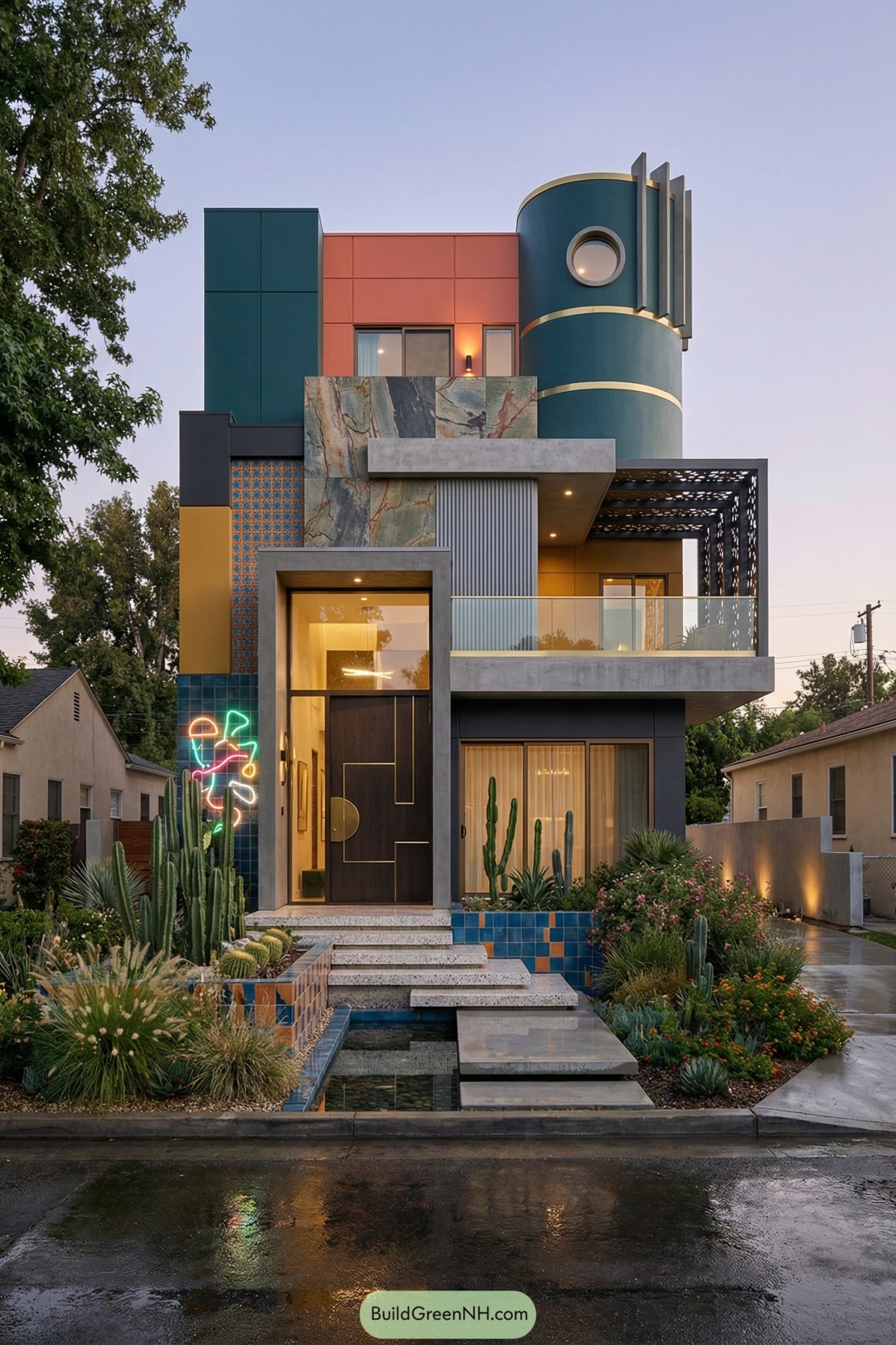 Colorful geometric three-story modern house at dusk