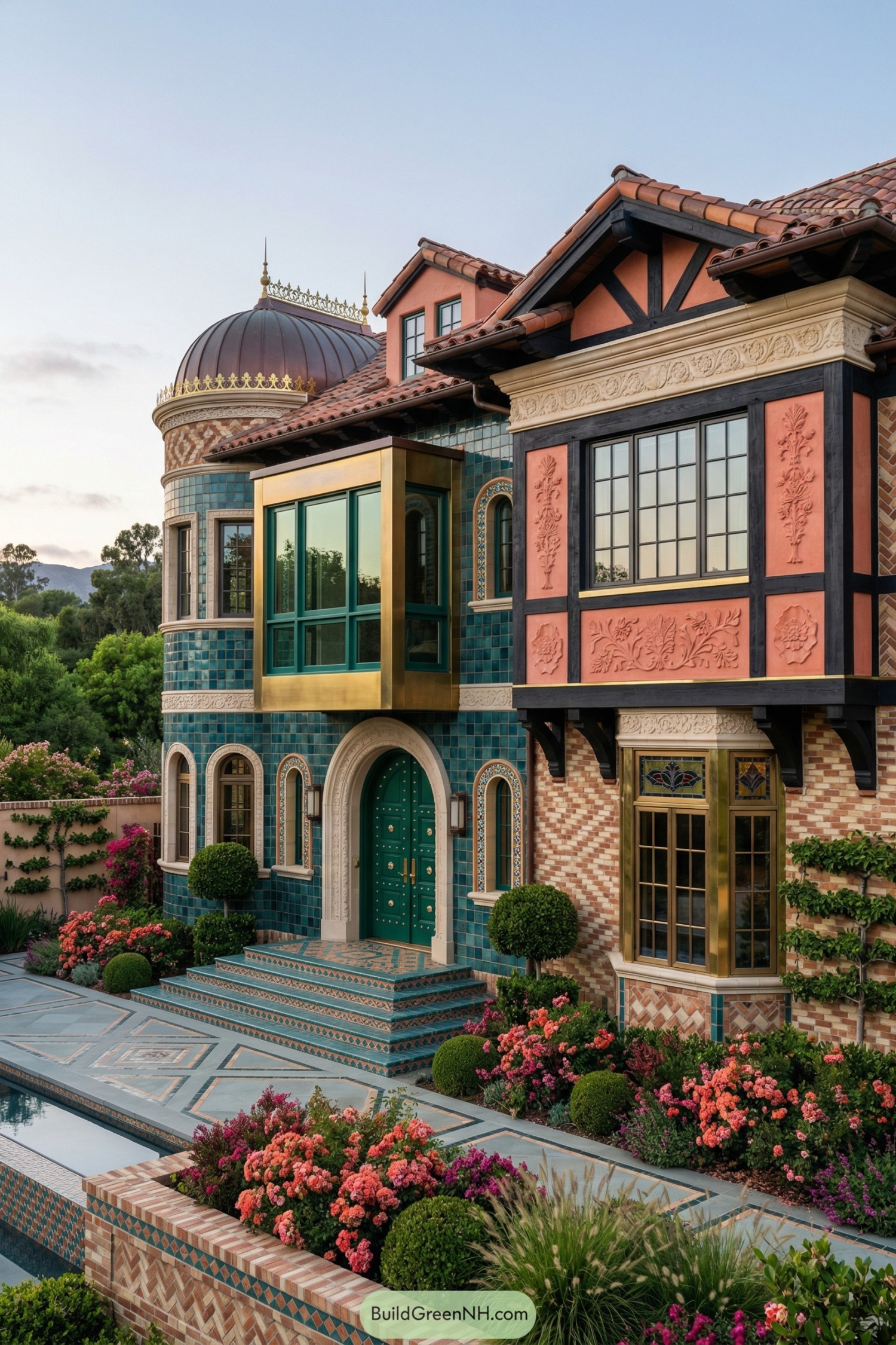 Colorful mansion with teal tiles, gold framing, and lush flower-filled entry courtyard