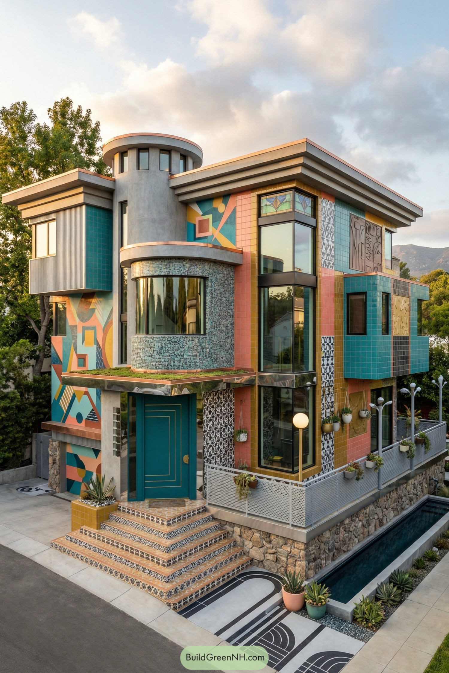 Colorful geometric three-story maximalist house exterior