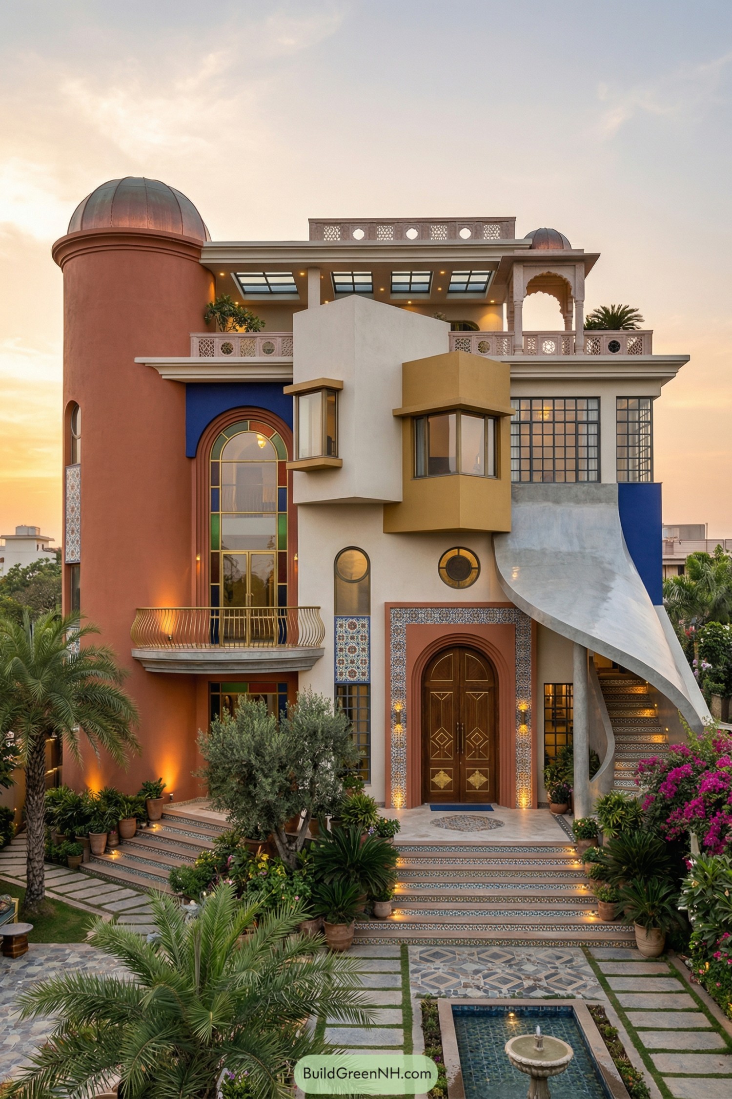 Colorful multi-level villa with domed tower and curving stair