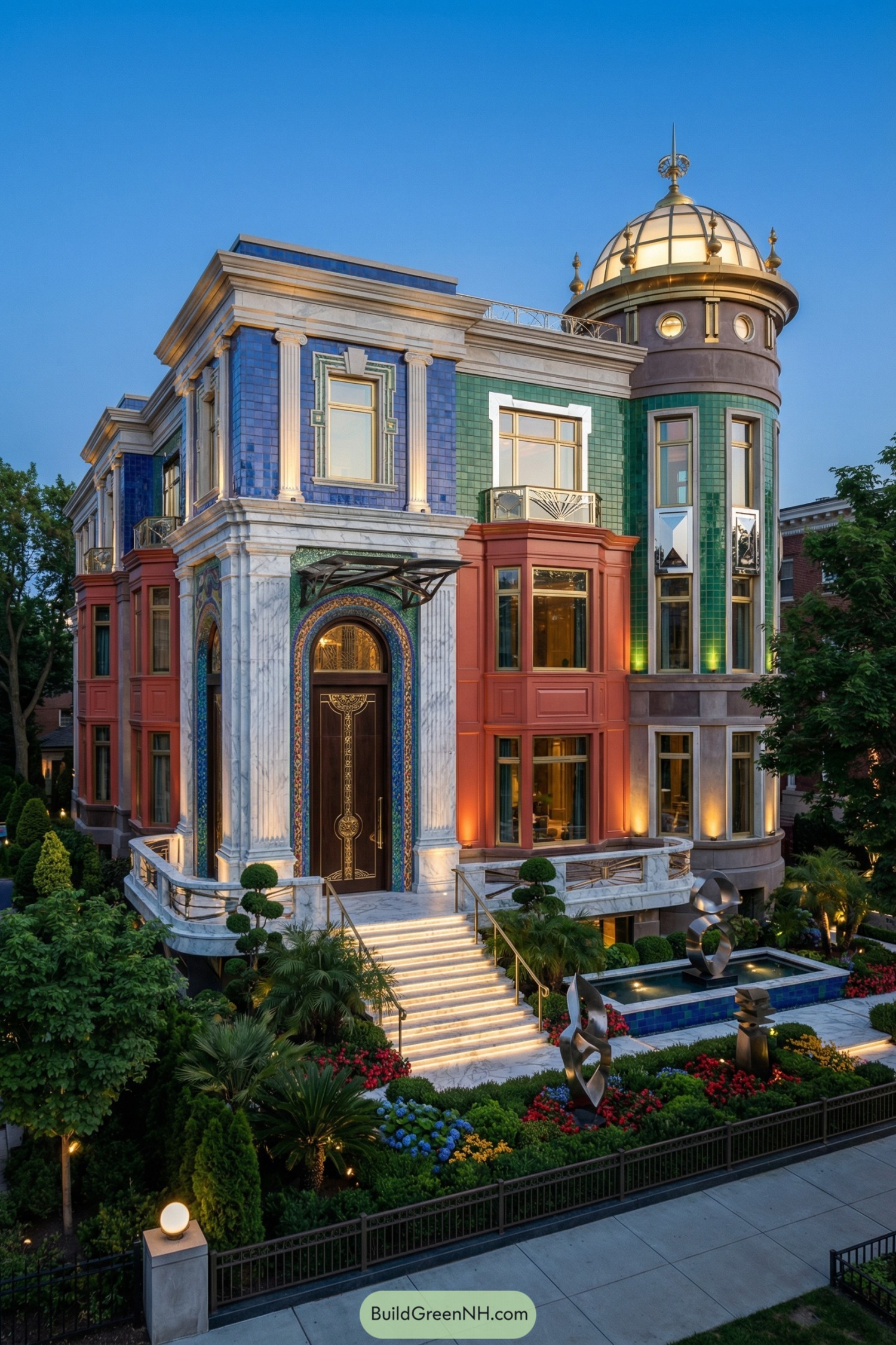 Colorful domed townhouse with marble entrance, bold tiles, and lush illuminated garden