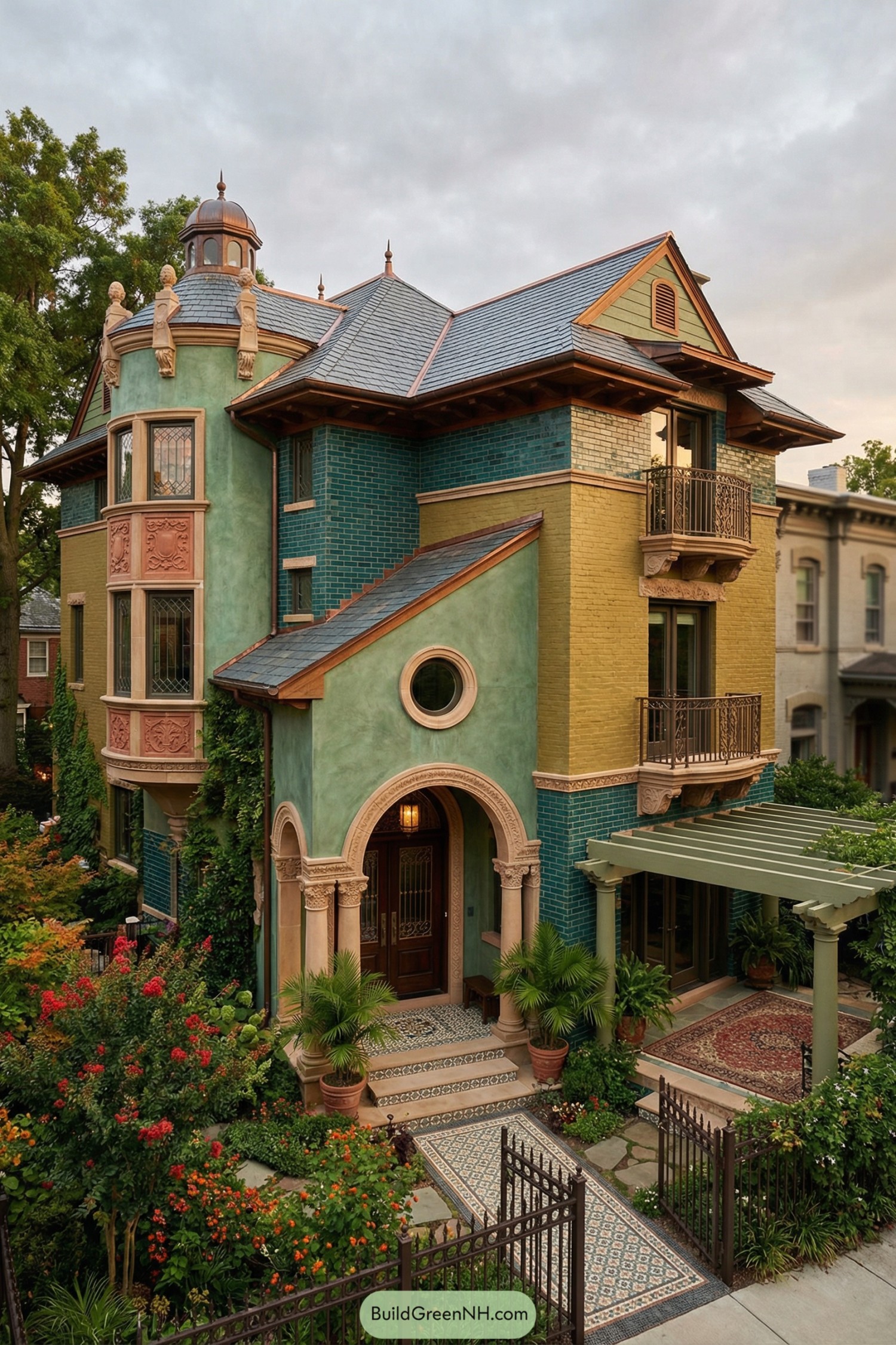 Colorful three-story house with turrets and lush garden