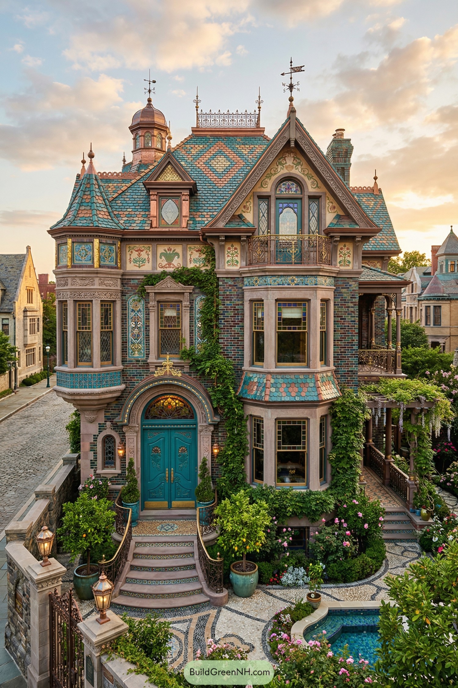 Colorful ivy-clad mansion with ornate tiles