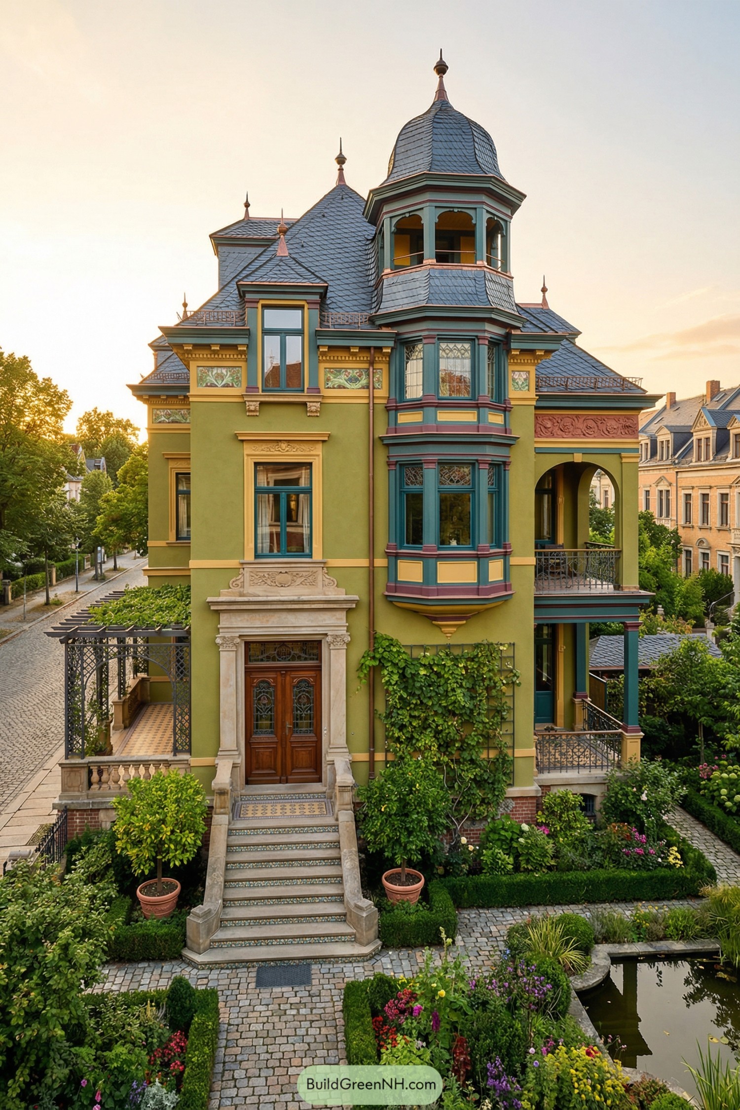Colorful historic-style villa with ornate tower and lush front garden