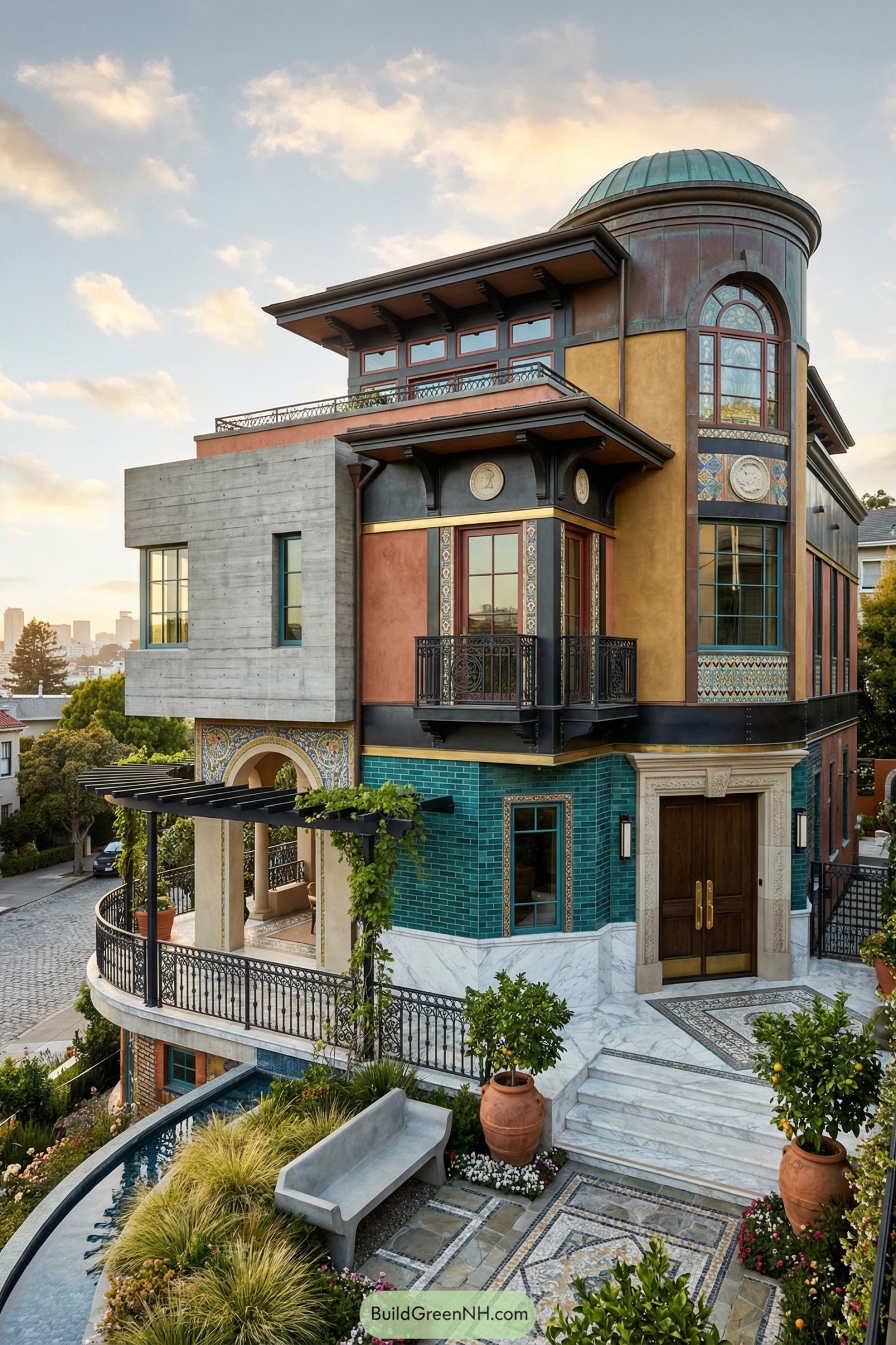 Colorful multi-story house with copper dome, clocks, and tiled garden courtyard