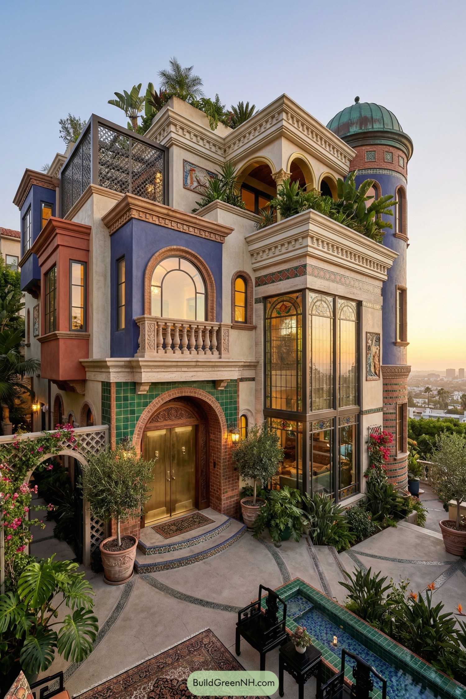 Colorful multi level villa with arched windows lush plants and tiled courtyard pool at sunset