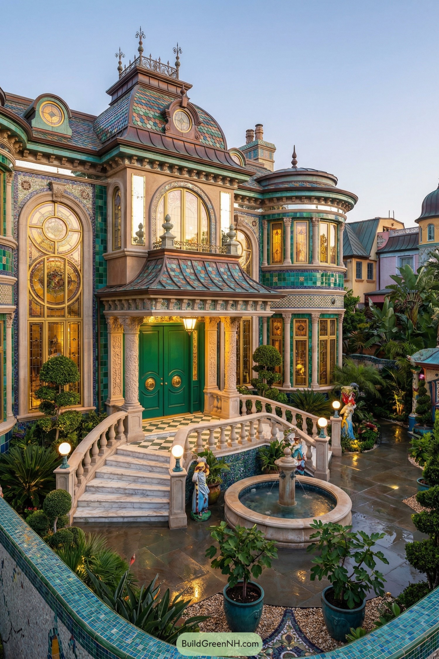 Ornate turquoise tiled mansion with grand staircase and fountain courtyard