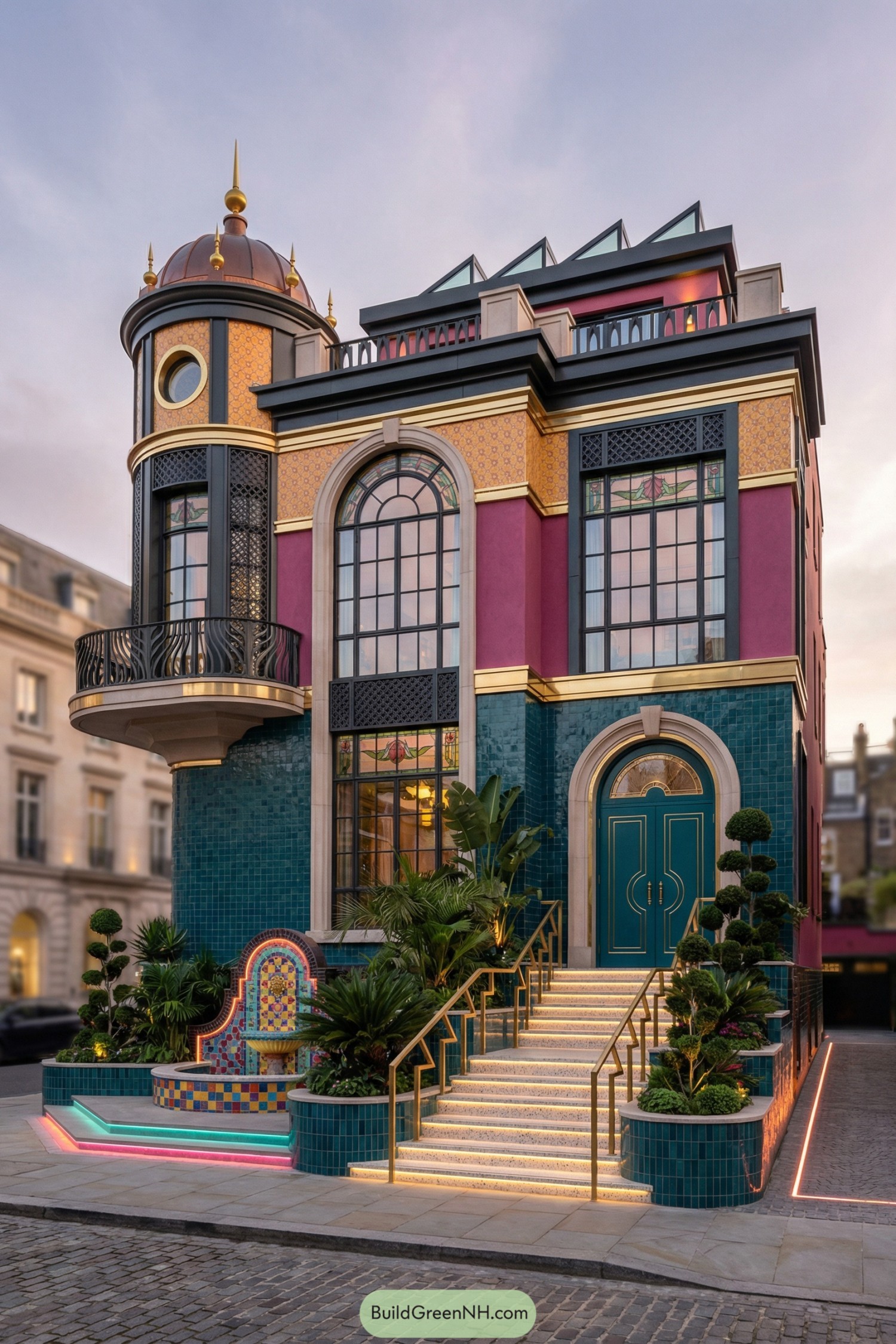 Colorful multistory townhouse with domed turret and glowing tiled entry steps