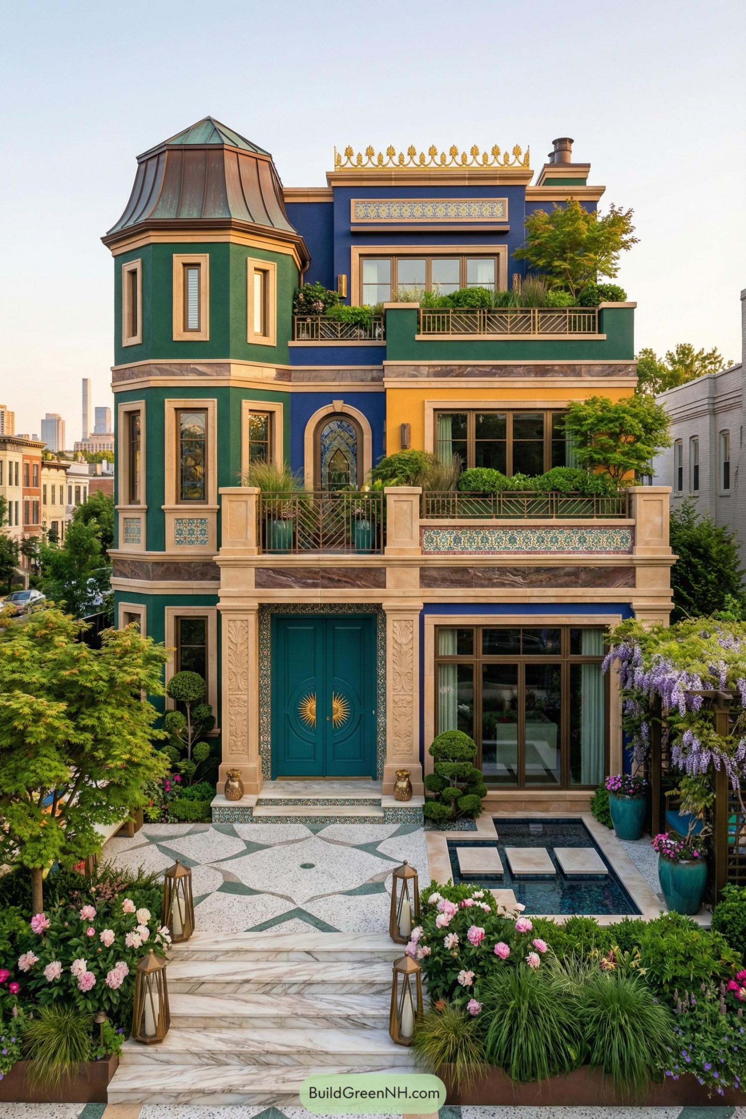 Colorful three-story townhouse with lush courtyard