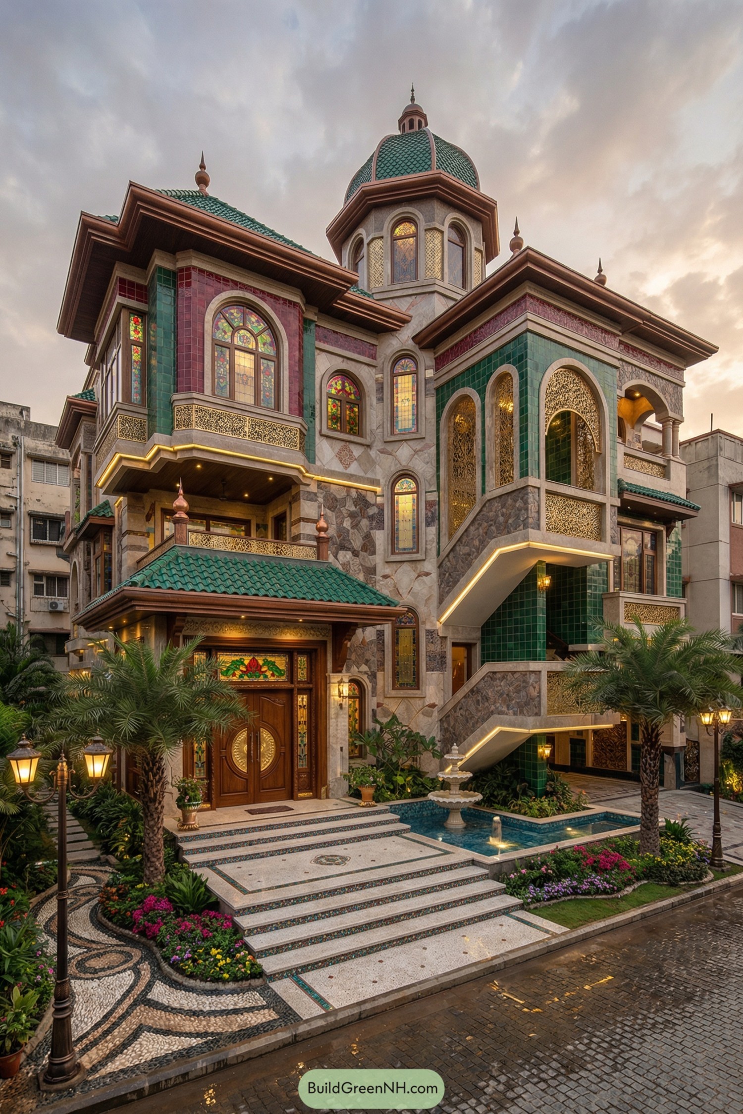 Colorful palatial house with domes and tiled courtyard