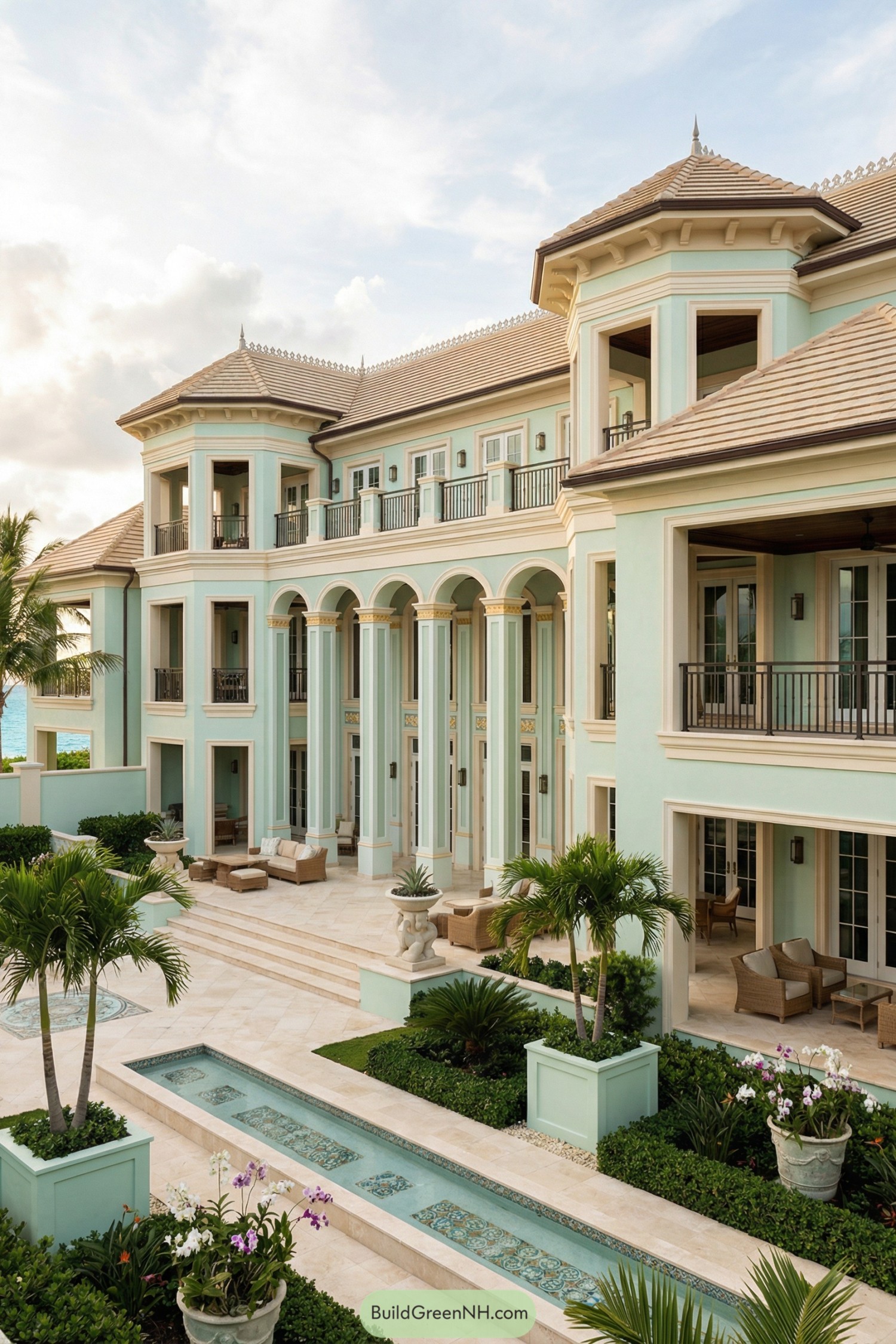 Elegant mint green beachfront mansion with tall colonnades and manicured courtyard