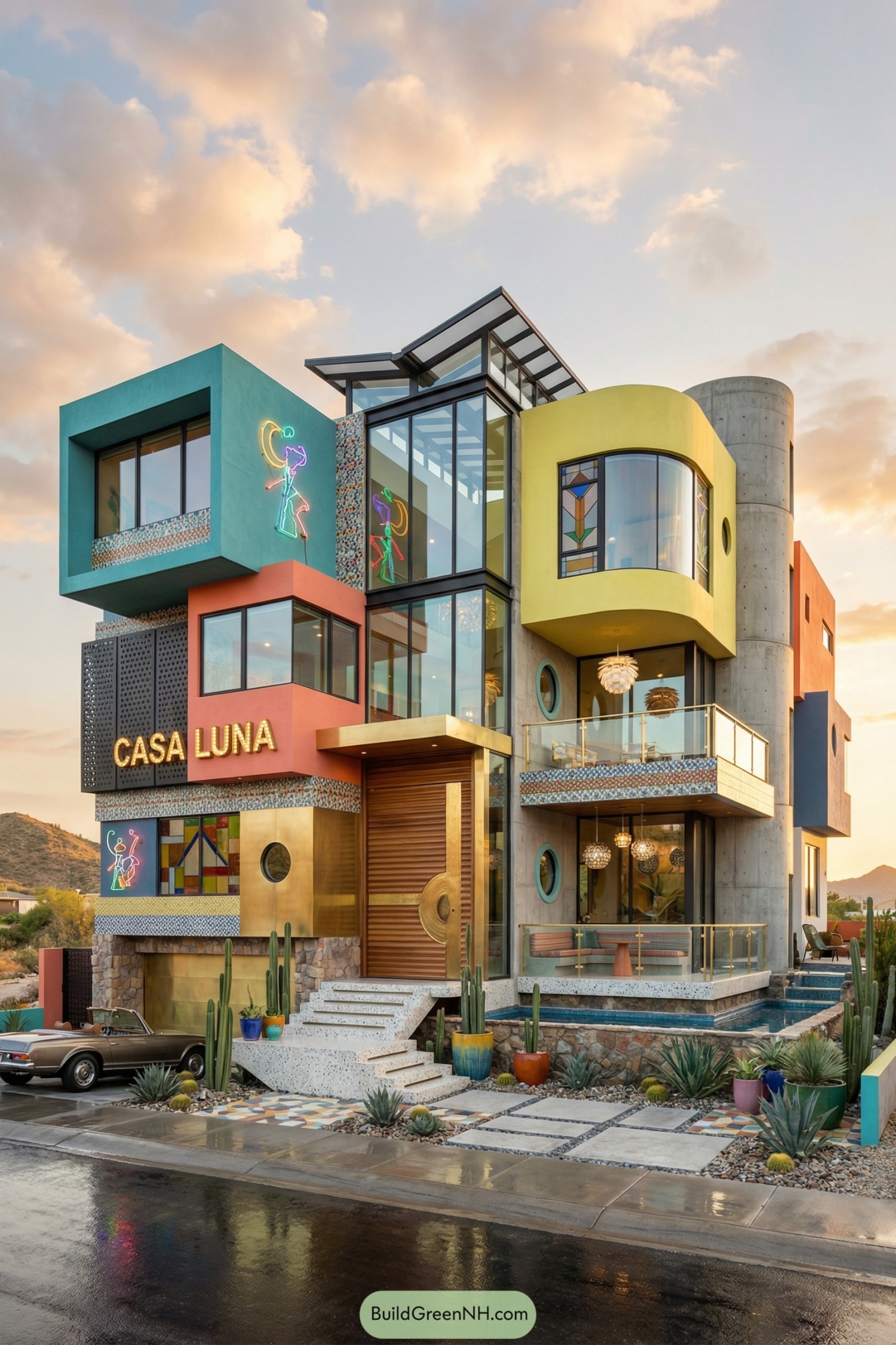 Colorful multi-level desert house with neon art