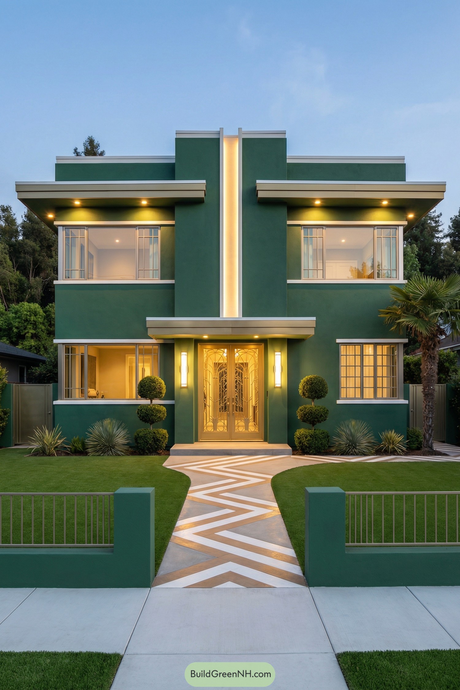 Green art deco house with zigzag path