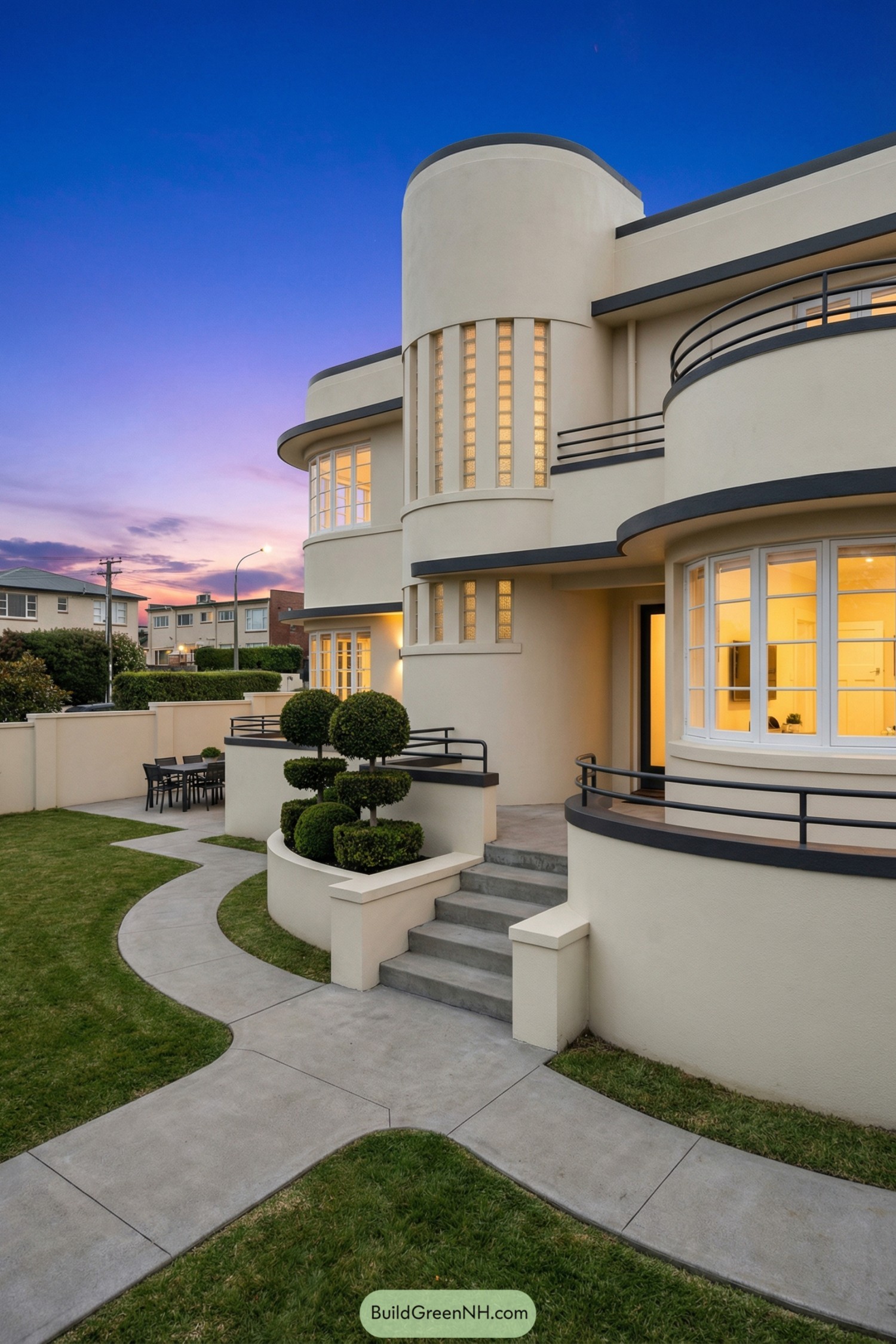 Curved cream art deco house at dusk
