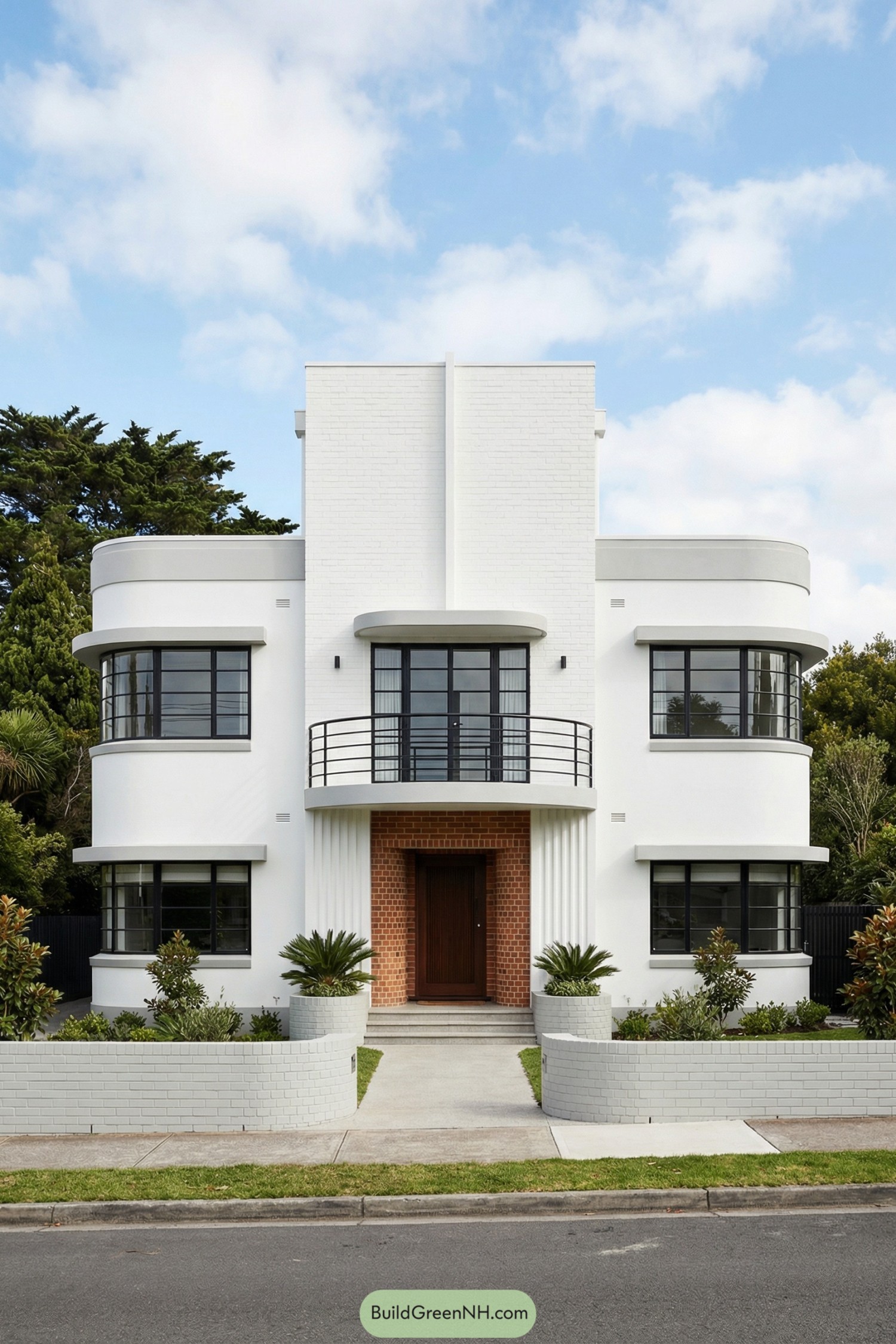 White art deco house with rounded corners and a central brick entry