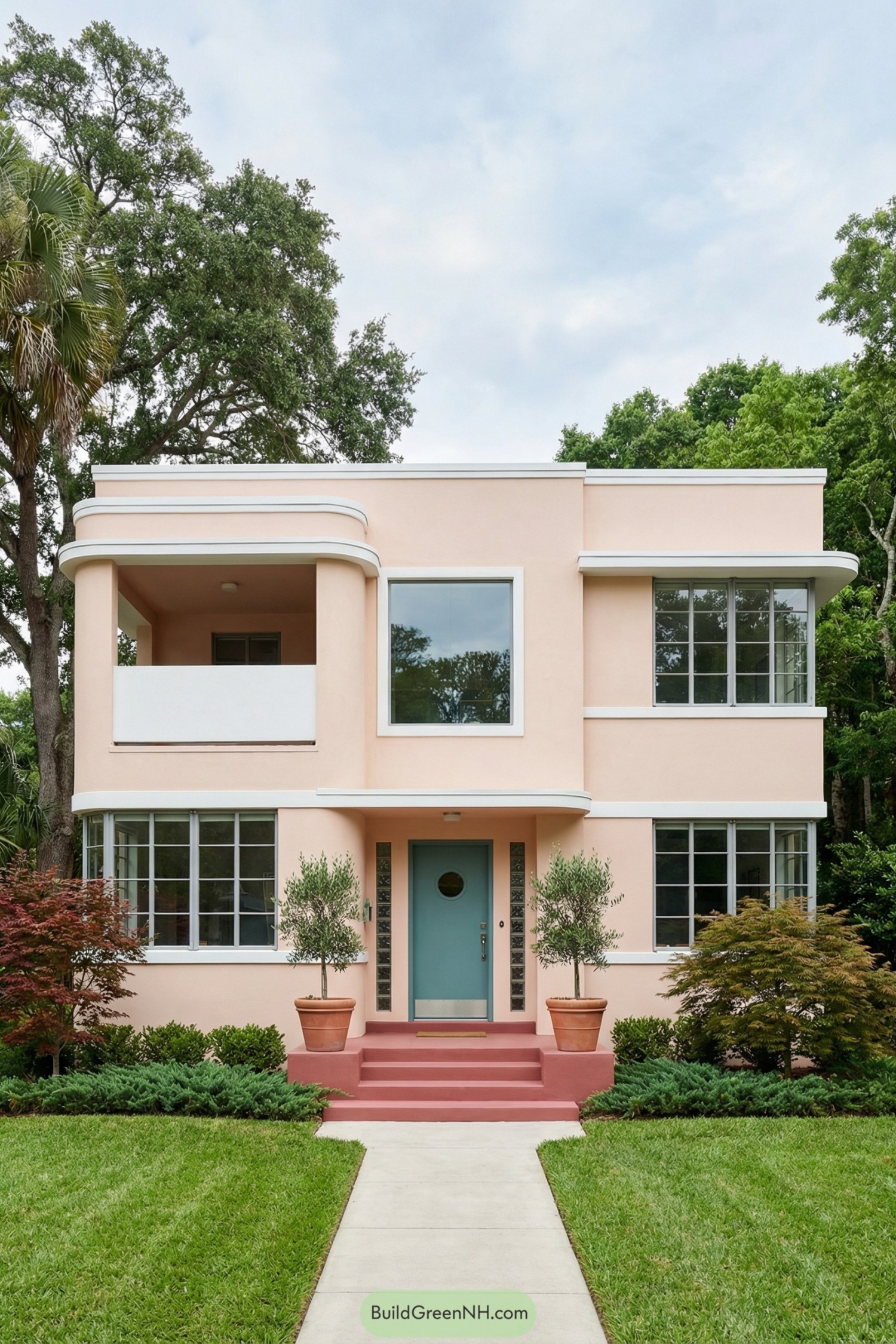 Pink art deco house with teal door