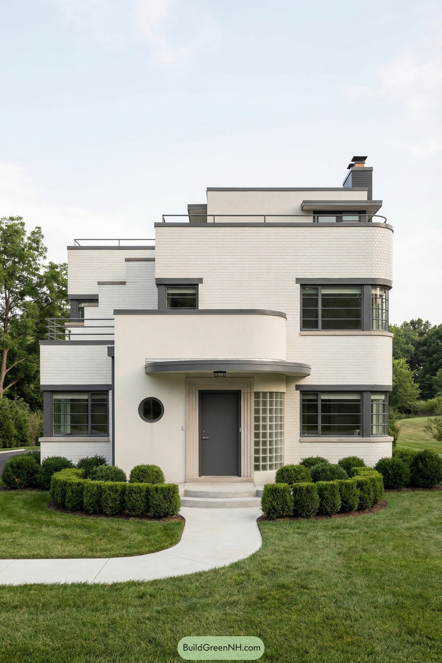 White brick art deco house with curved corners and flat roof terraces
