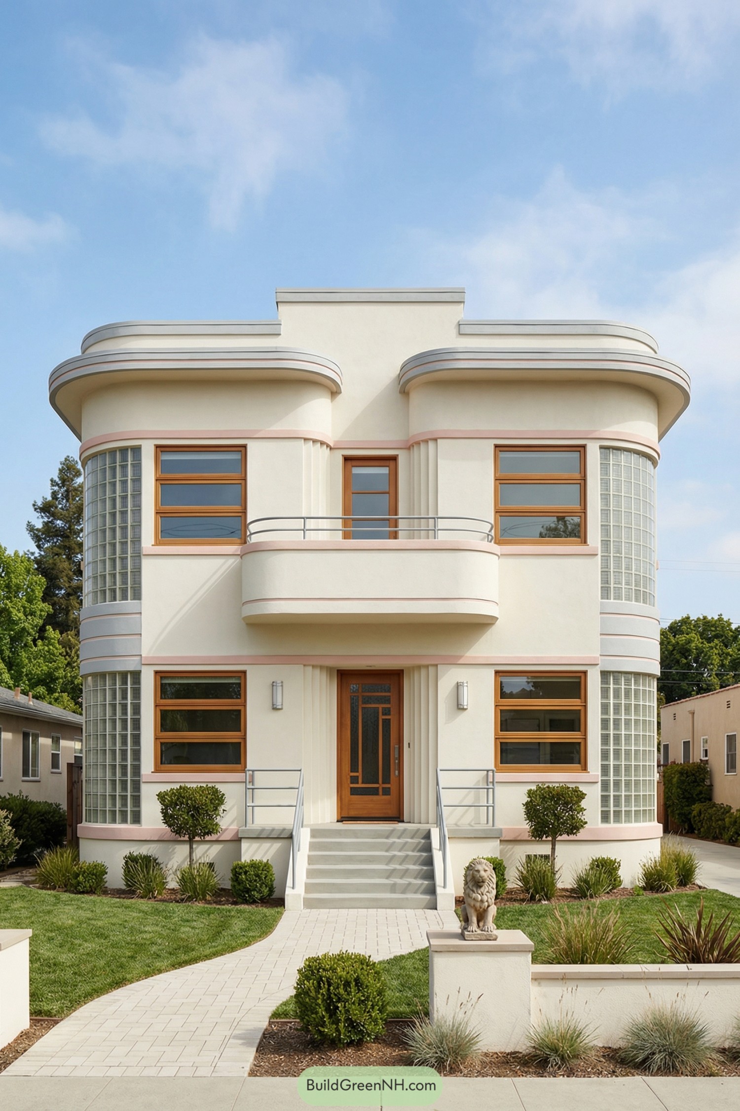 Two-story cream art deco house with rounded corners and glass-block wings