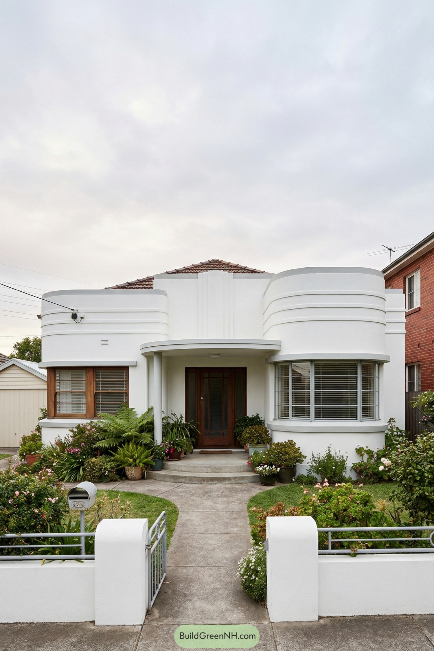 White art deco house with rounded facade