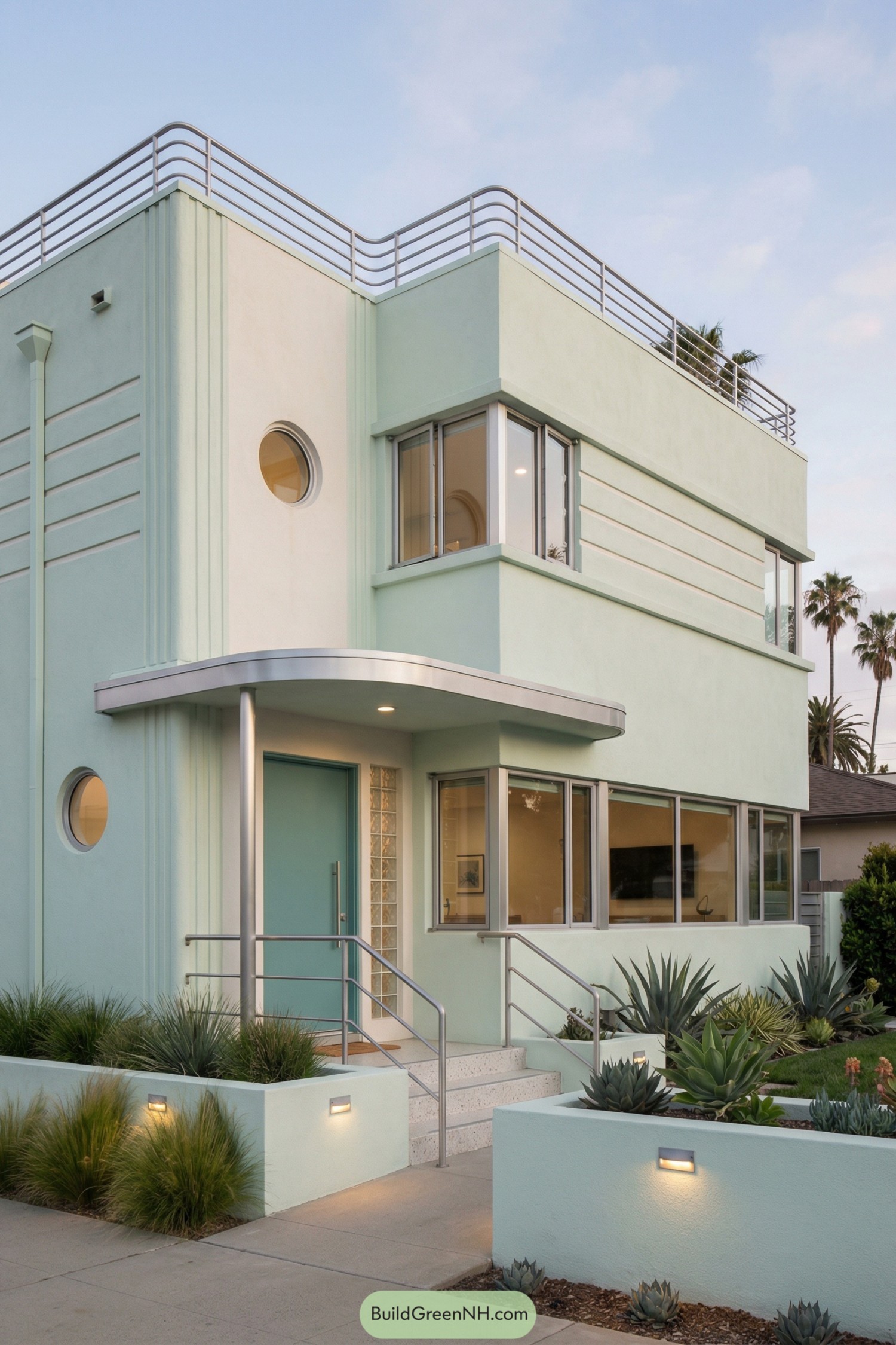 Pale mint modern Art Deco house with rounded corners and metal railings