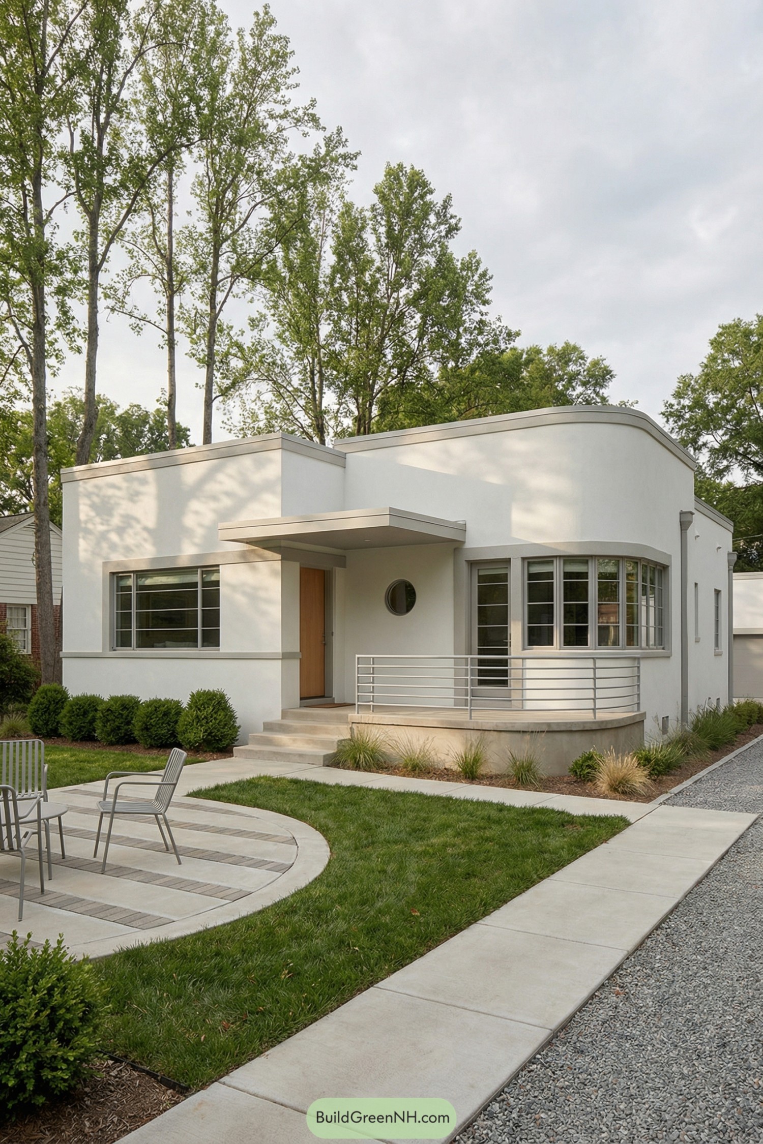 White art deco house with curved façade and front patio