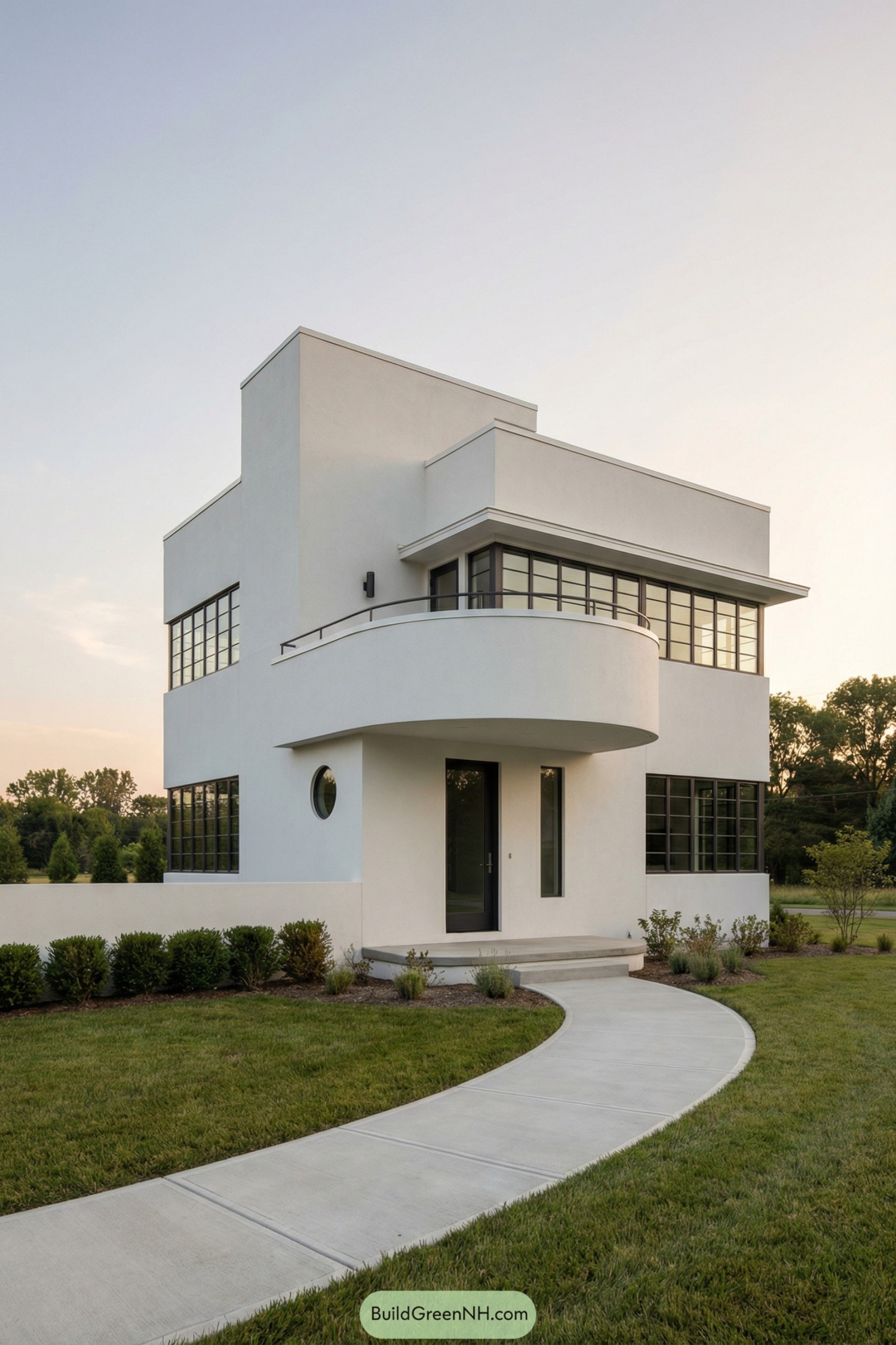 White art deco style house with curved balcony and large grid windows